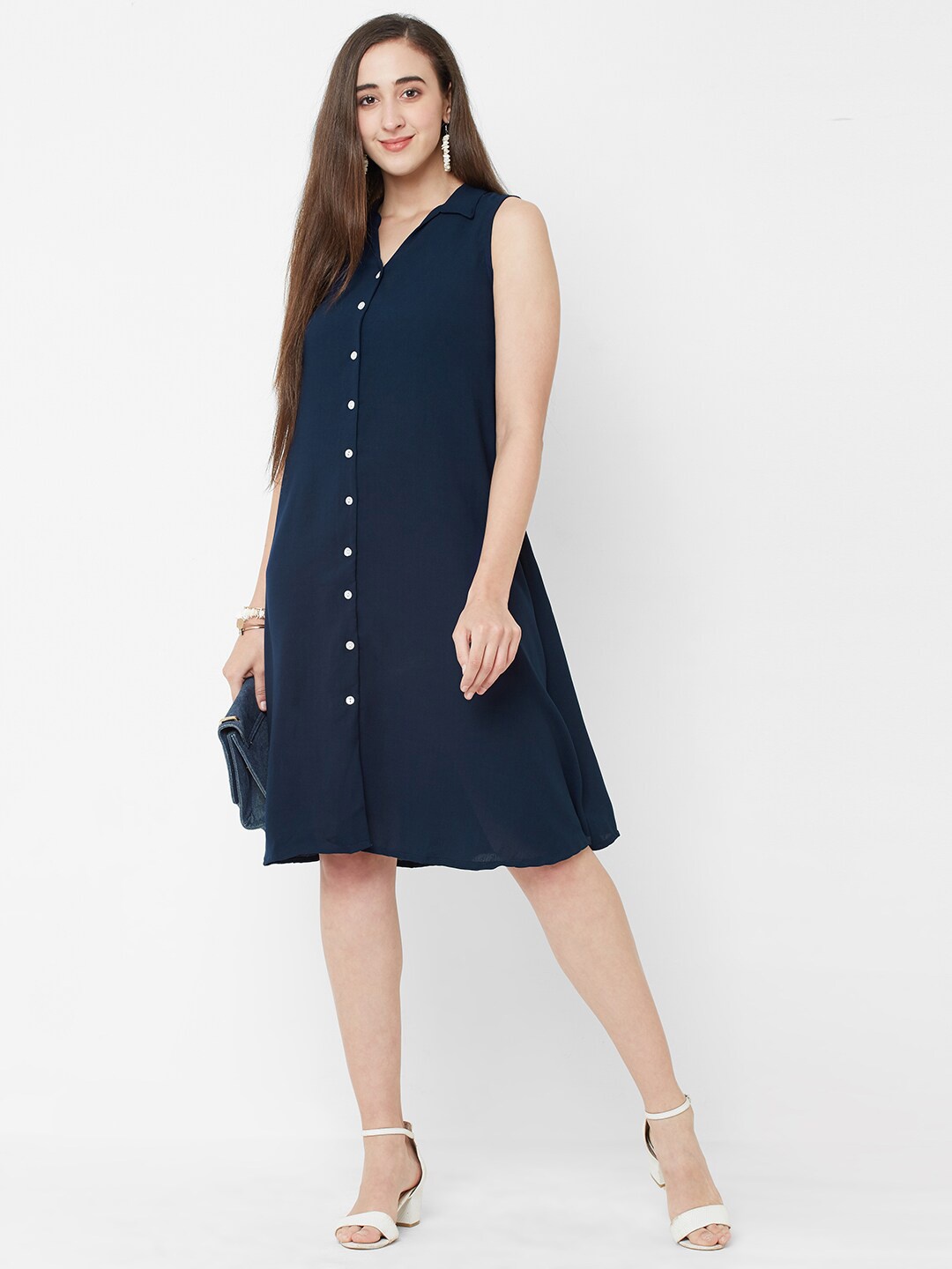 

109F Blue Solid A-Line Dress