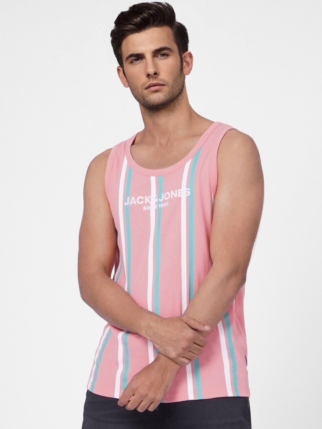

Jack & Jones Men Pink & Blue Printed Cotton Slim Fit T-shirt