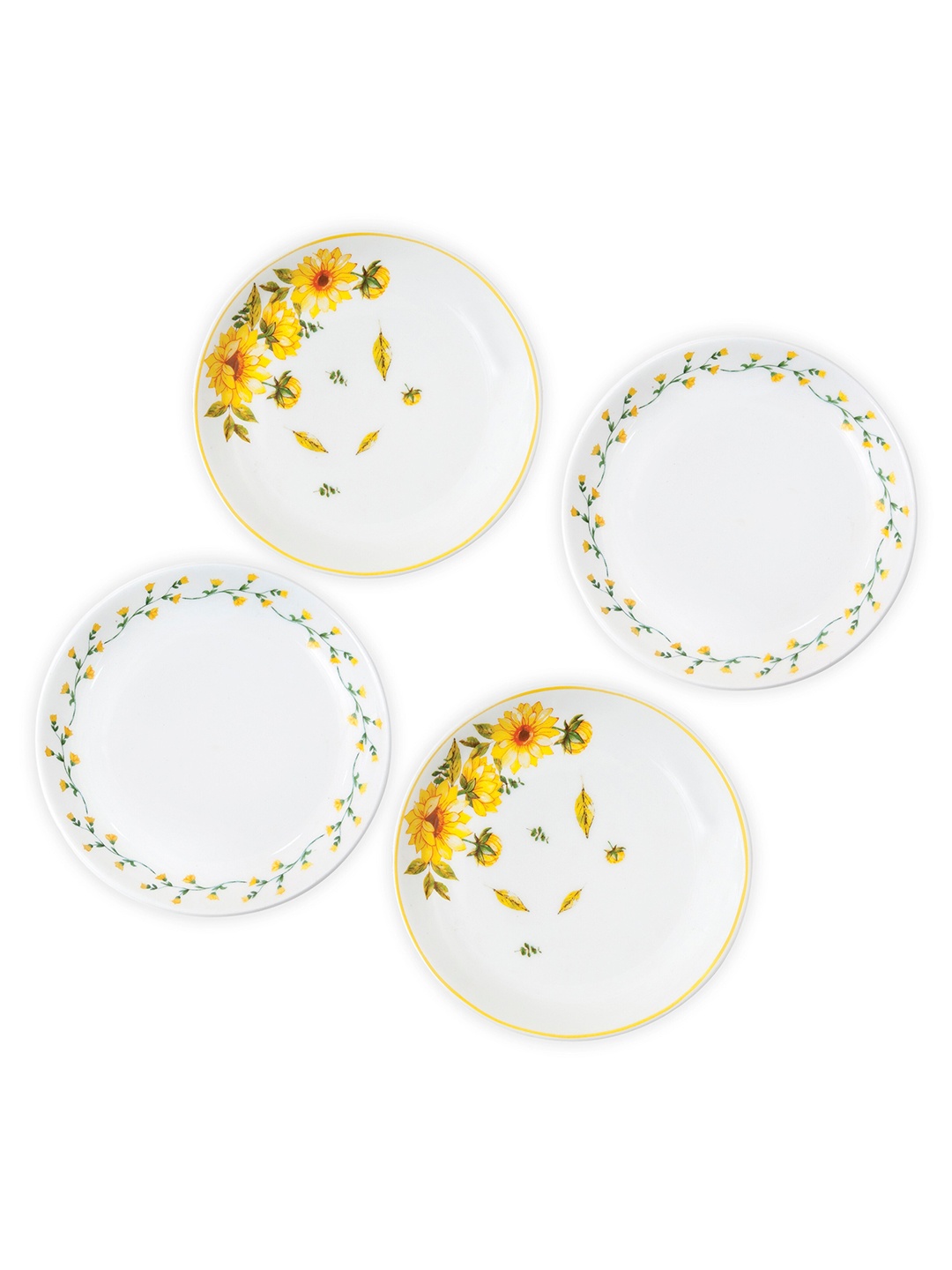 

CLAY CRAFT Set Of 4 White & Yellow Floral Printed Snack Plates