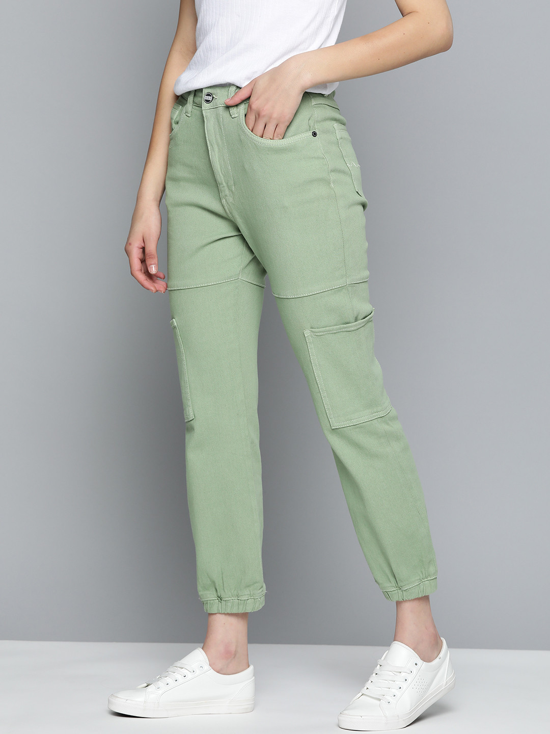 

Mast & Harbour Women Slim Fit Stretchable Denim Joggers, Green