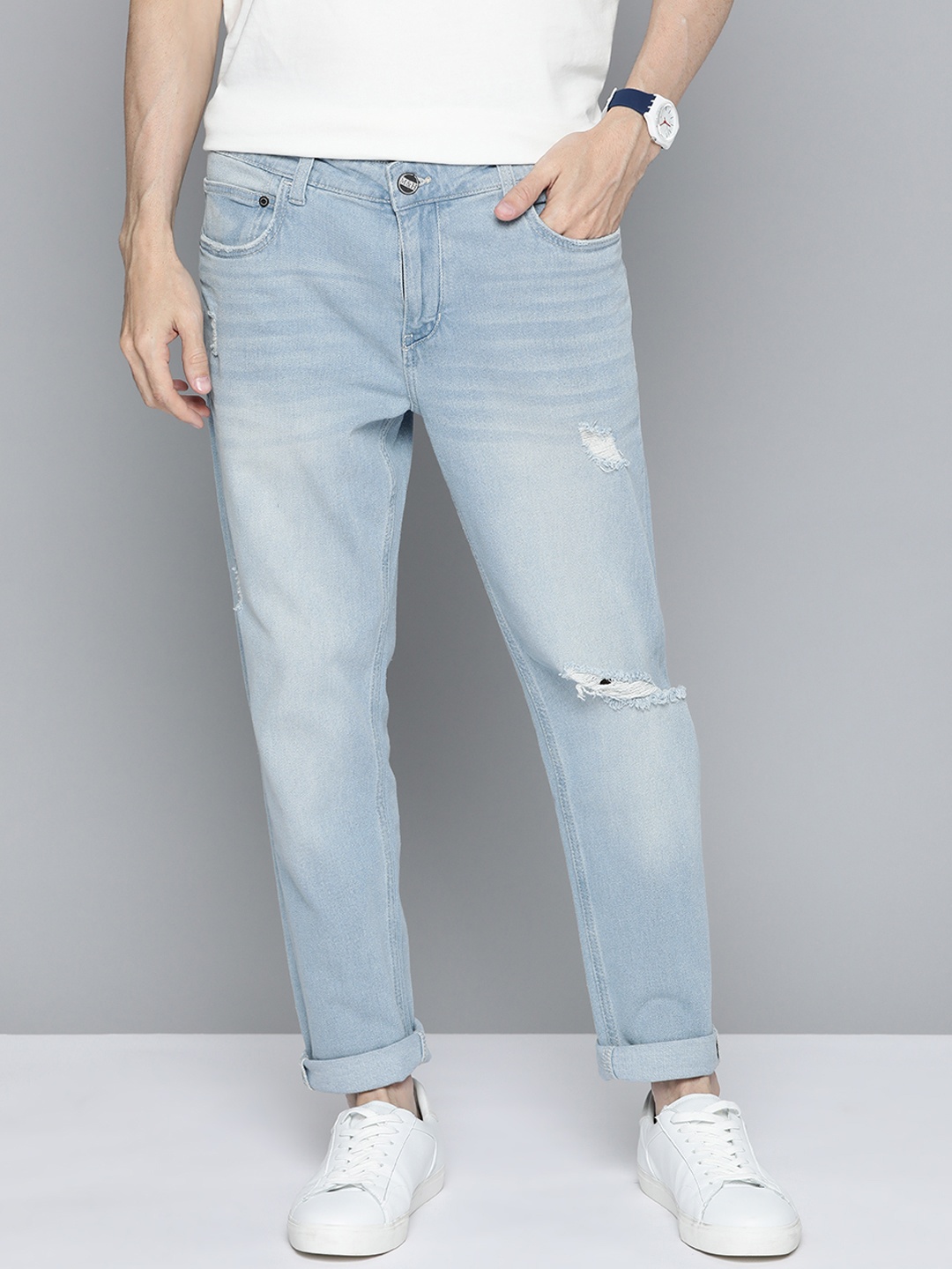 

Mast & Harbour Men Blue Slim Tapered Fit Slash Knee Light Fade Stretchable Jeans