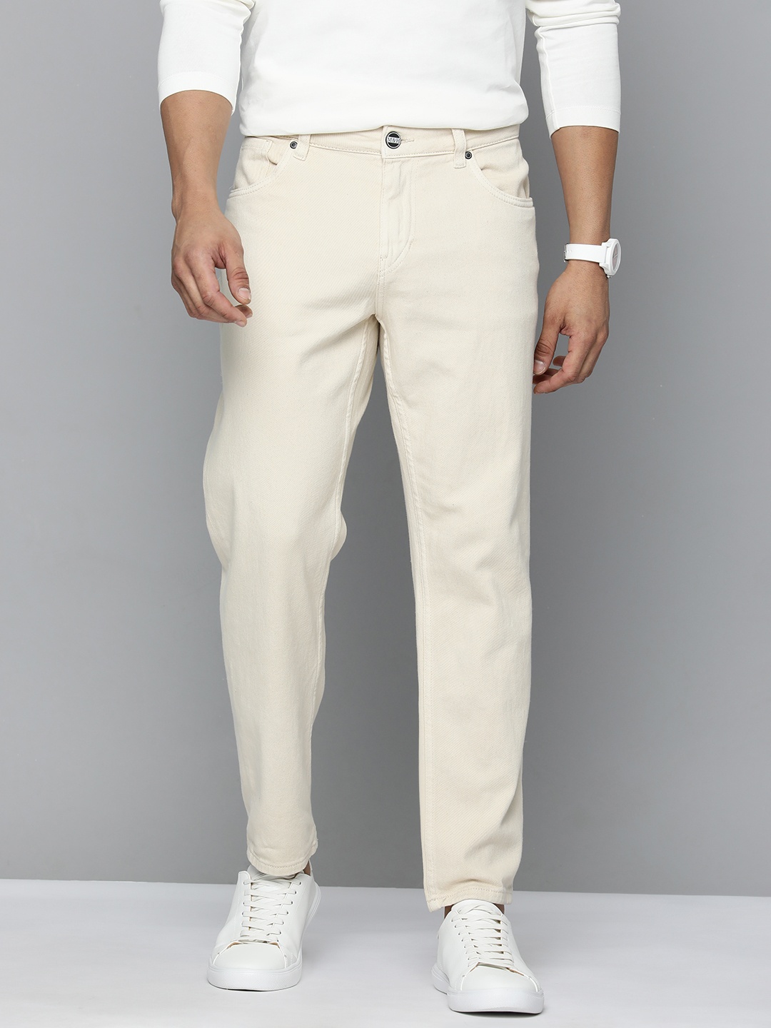 

Mast & Harbour Men Slim Tapered Fit Stretchable Jeans, Cream