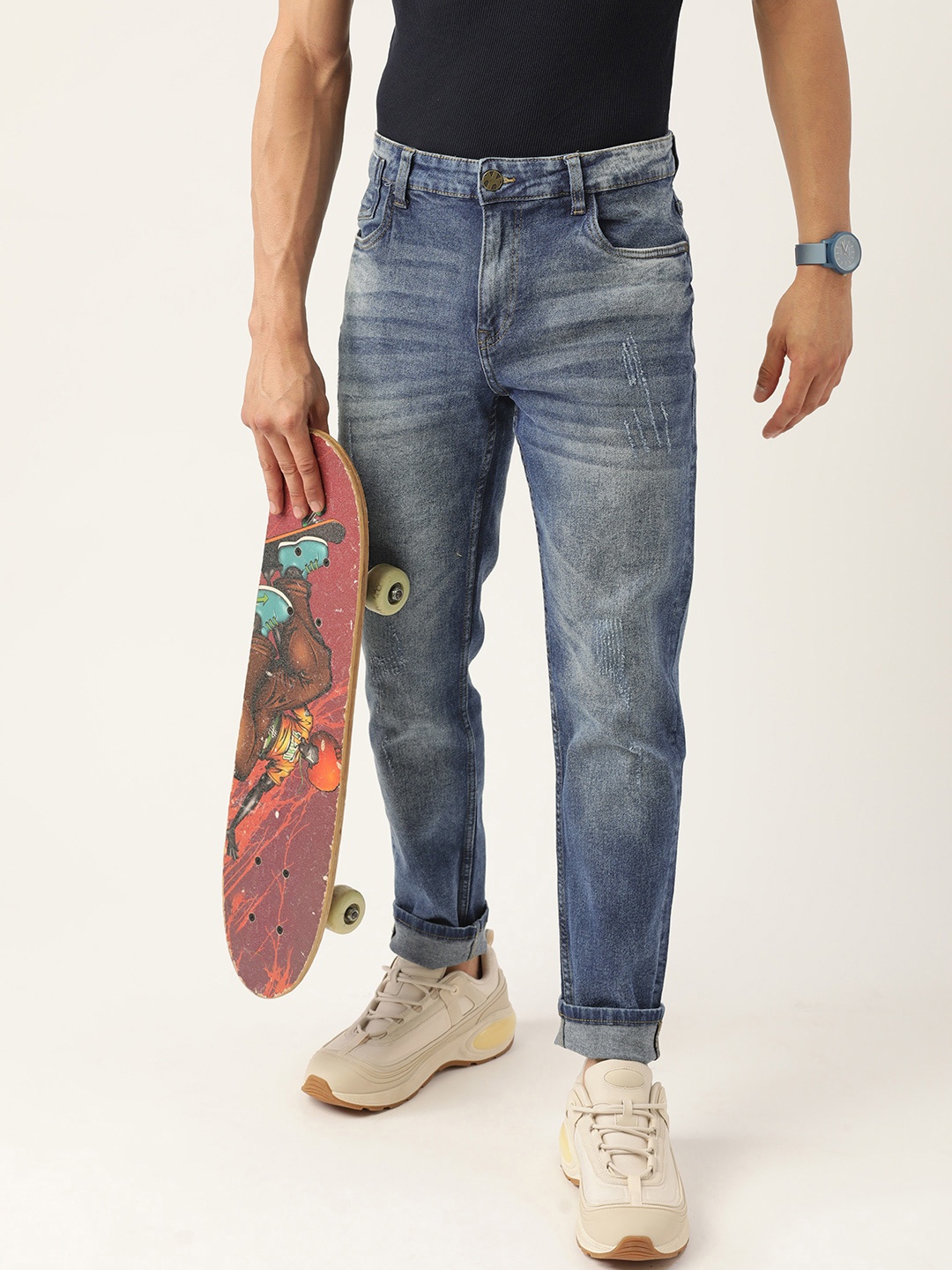 

Kook N Keech Men Blue Slim Tapered Fit Low Distress Heavy Fade Stretchable Jeans
