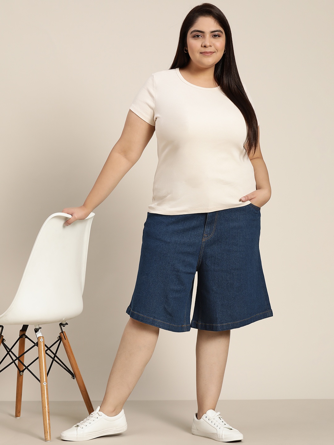 

Sztori Women Plus Size Blue Woven Denim Shorts