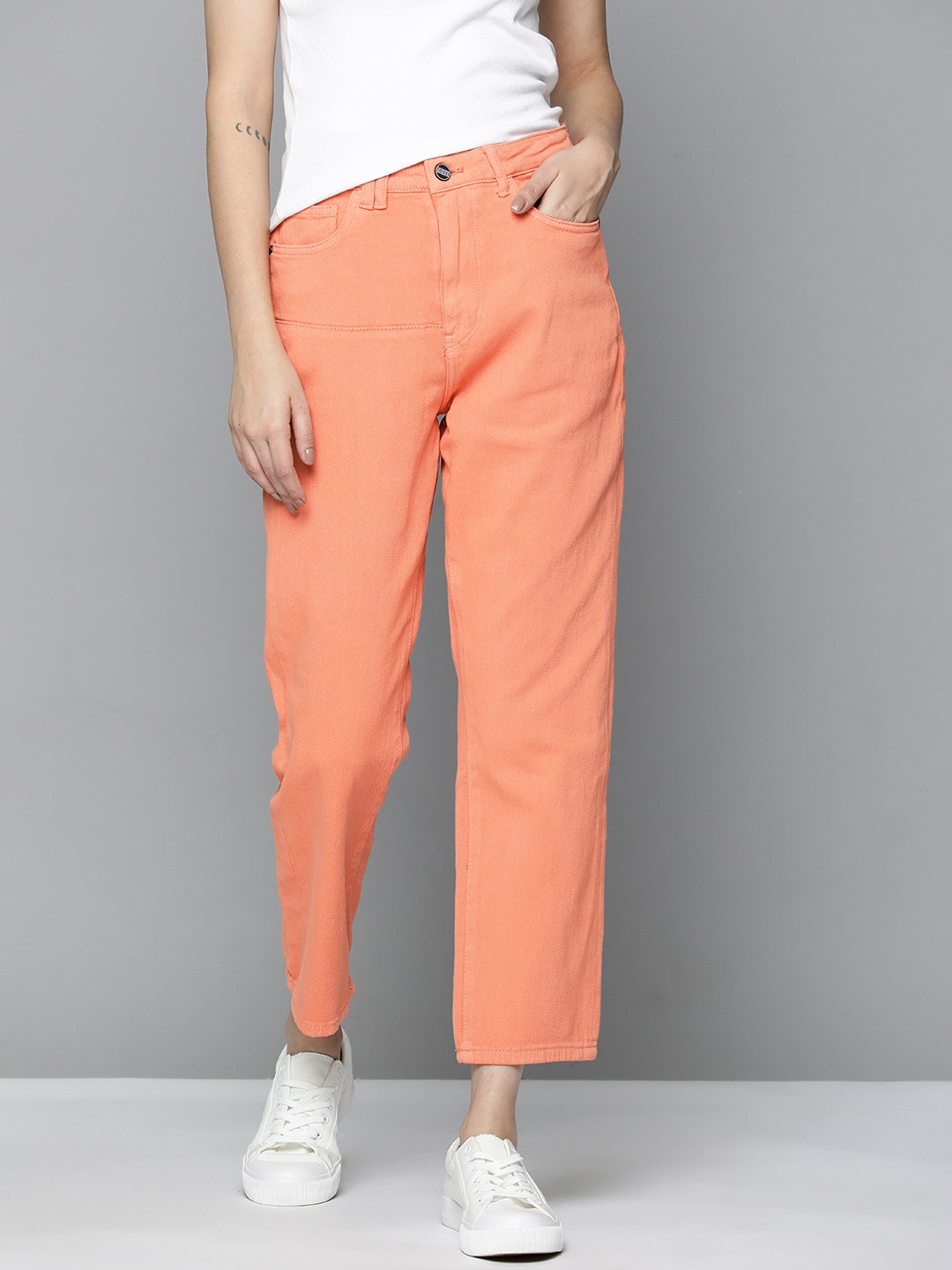

Mast & Harbour Women Straight Fit Stretchable Jeans, Coral