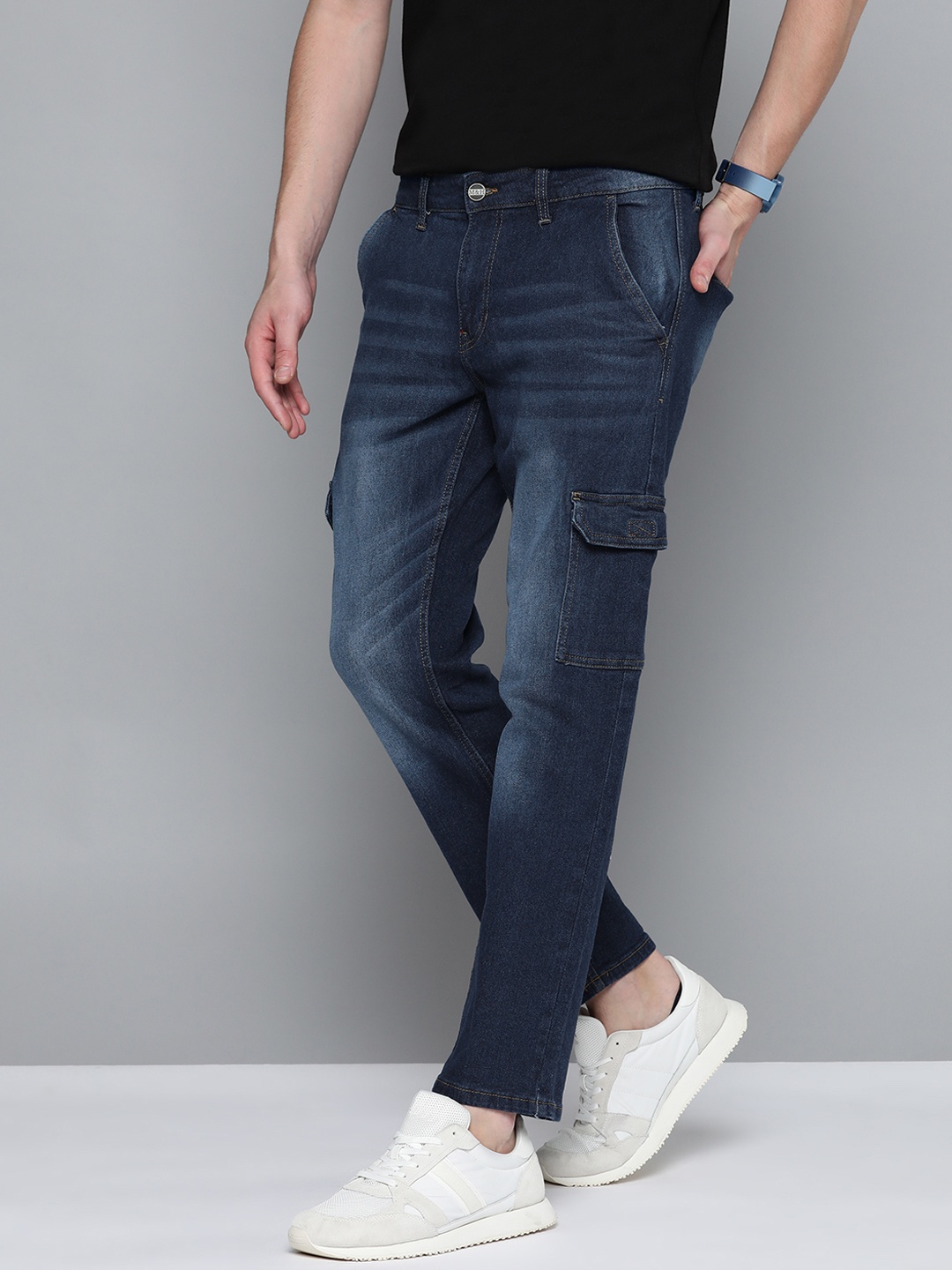 

Mast & Harbour Men Slim Fit Light Fade Stretchable Cargo Jeans, Navy blue