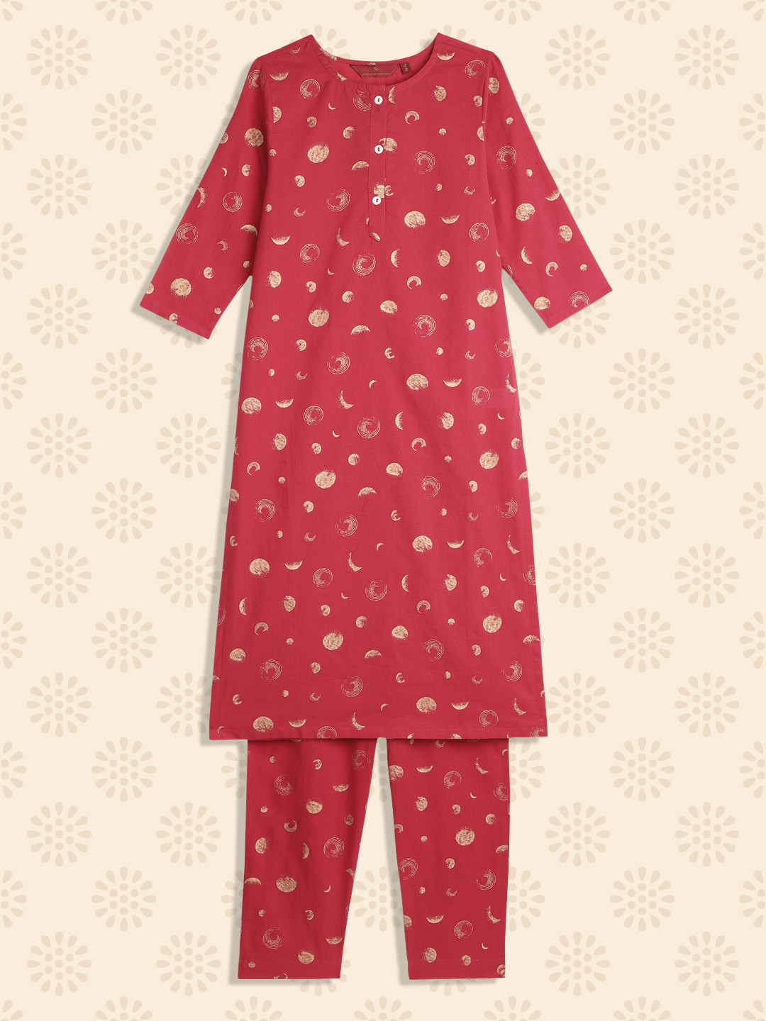 

House of Pataudi Girls Magenta Pink Abstract Print Pure Cotton Kurta with Trousers