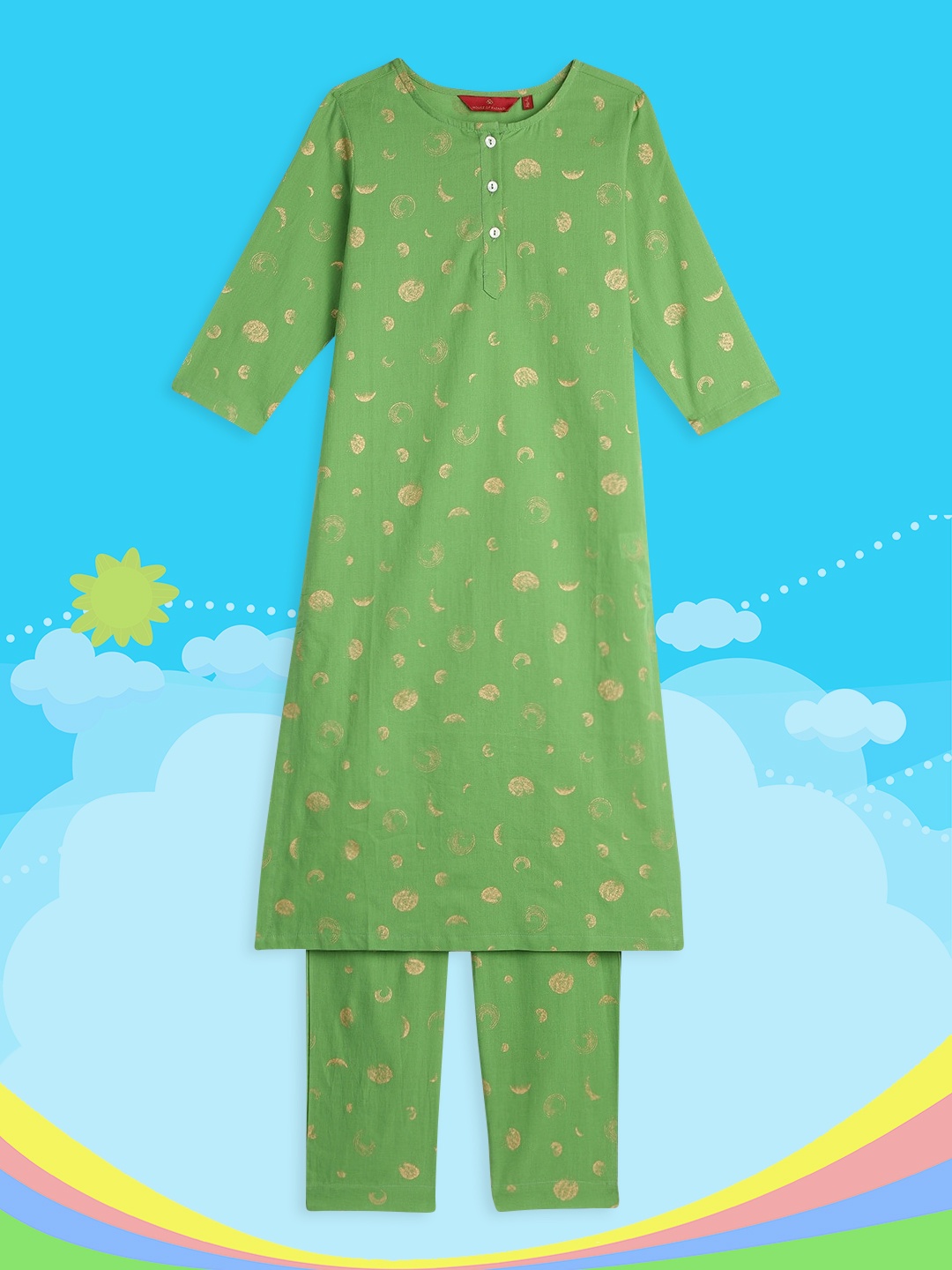 

House of Pataudi Girls Green Abstract Print Round Neck Pure Cotton Kurta with Trousers