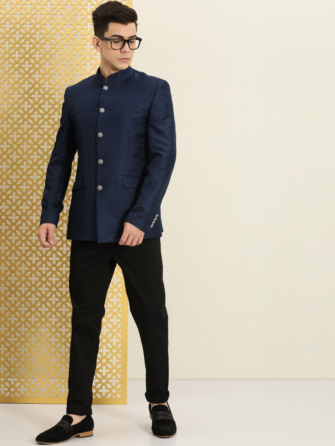 

House of Pataudi Men Blue Ethnic Motifs Textured Embellished Full Sleeved Blazer