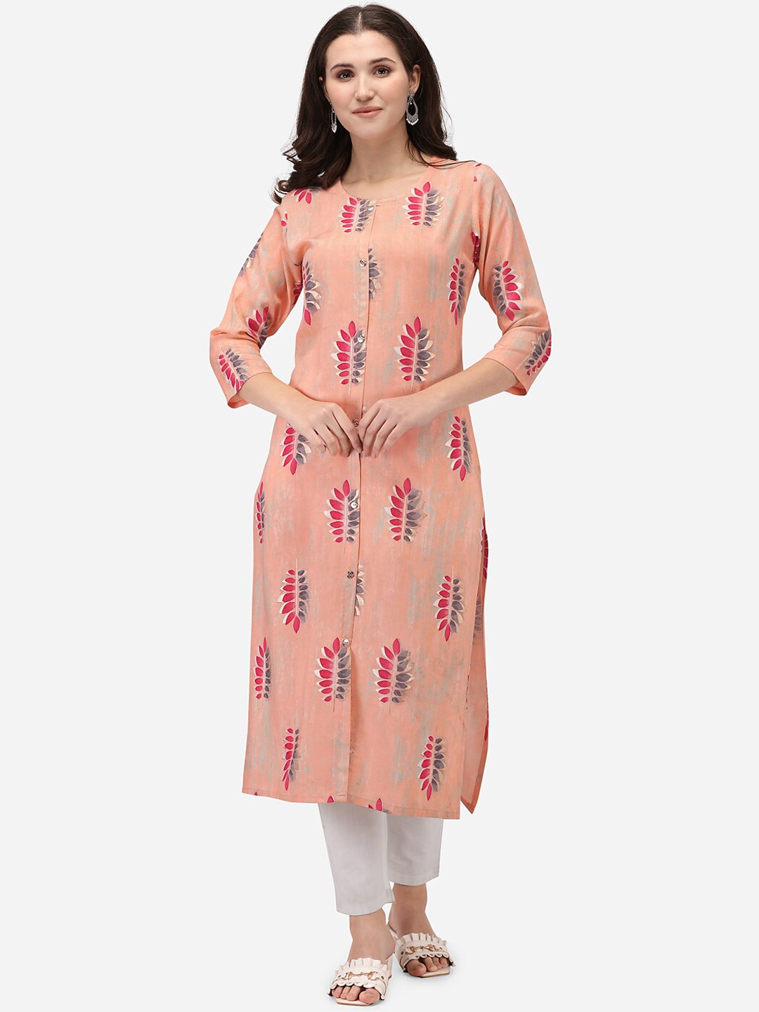 

LEWAWAA Women Peach-Coloured & Red Ethnic Motifs Foil Printed Straight Kurta
