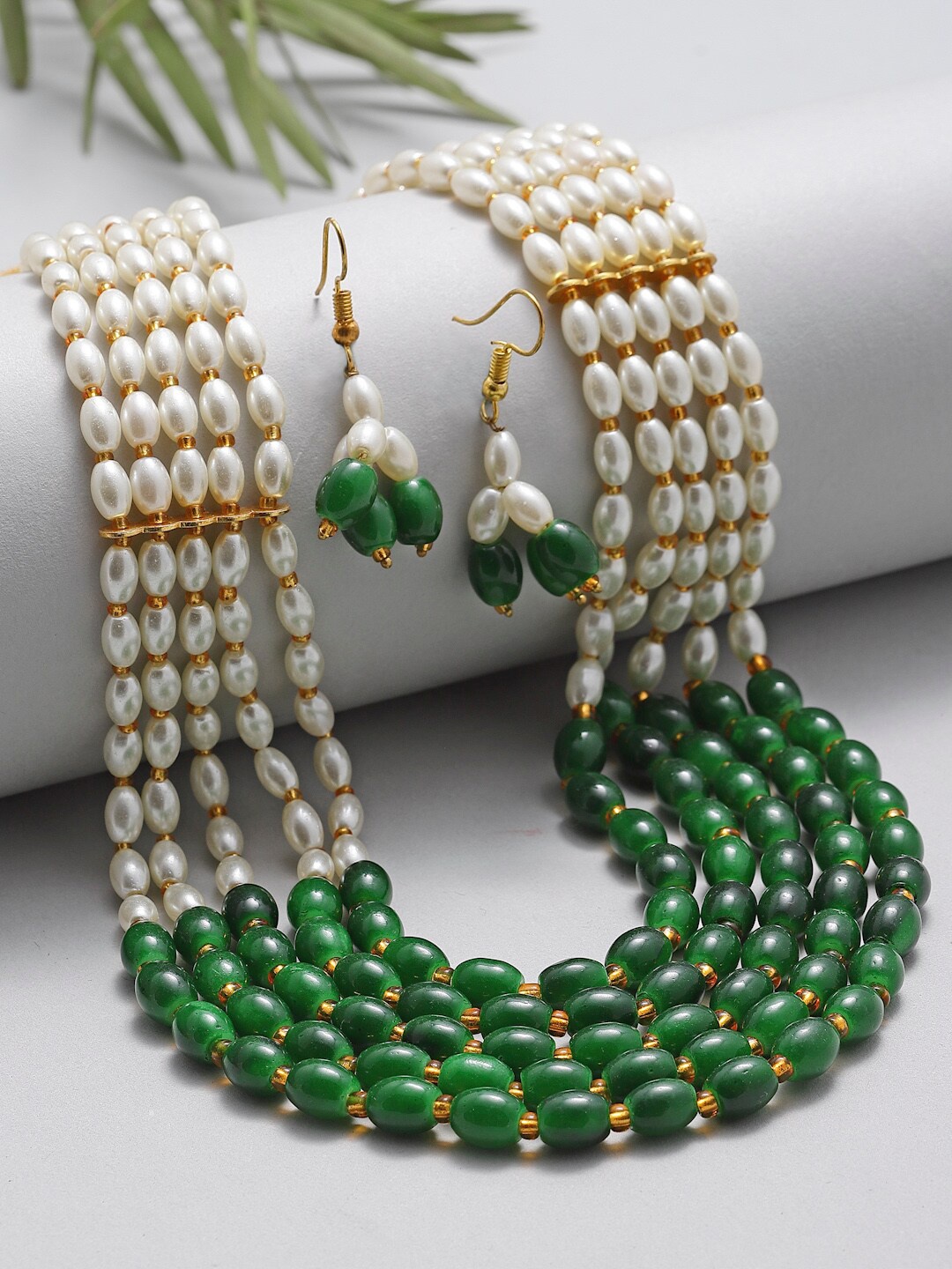 

ZENEME Green & White Gold-Plated Pearl Beaded Jewelry Set