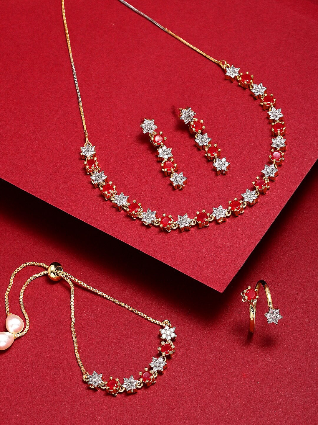 

ZENEME Gold-Plated Red & White AD-Studded Jewellery Set