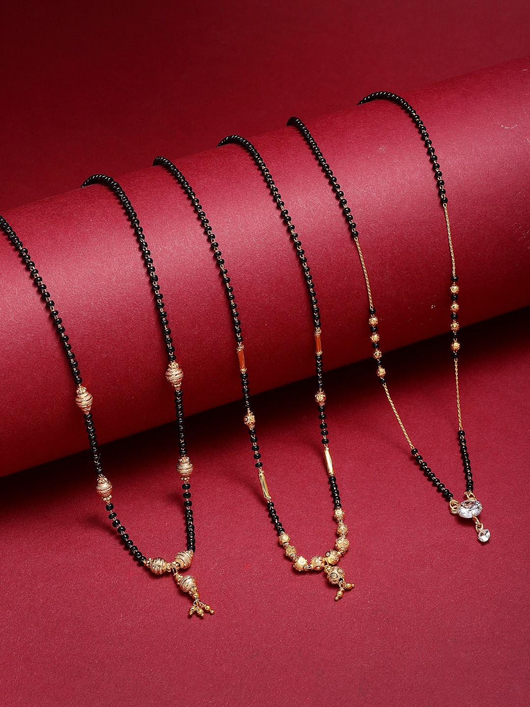 

ZENEME Set Of 3 Gold-Plated Black & White CZ-Studded Beaded Mangalsutra
