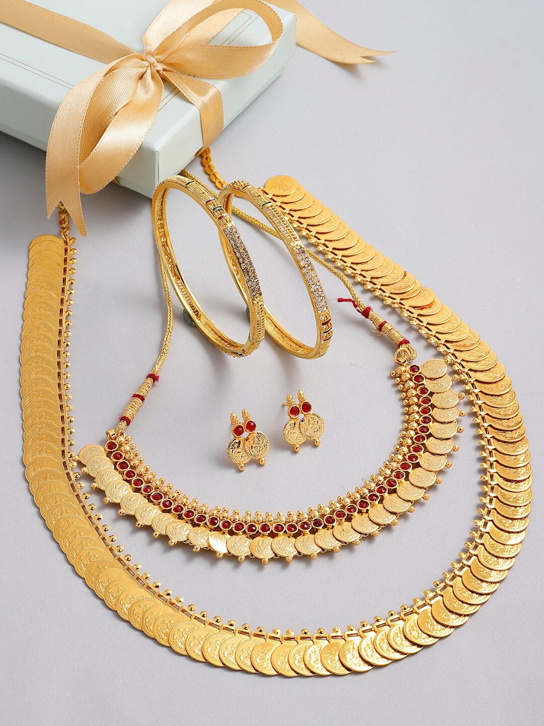 

ZENEME Gold-Plated Red & White Stone-Studded Temple Jewellery Set