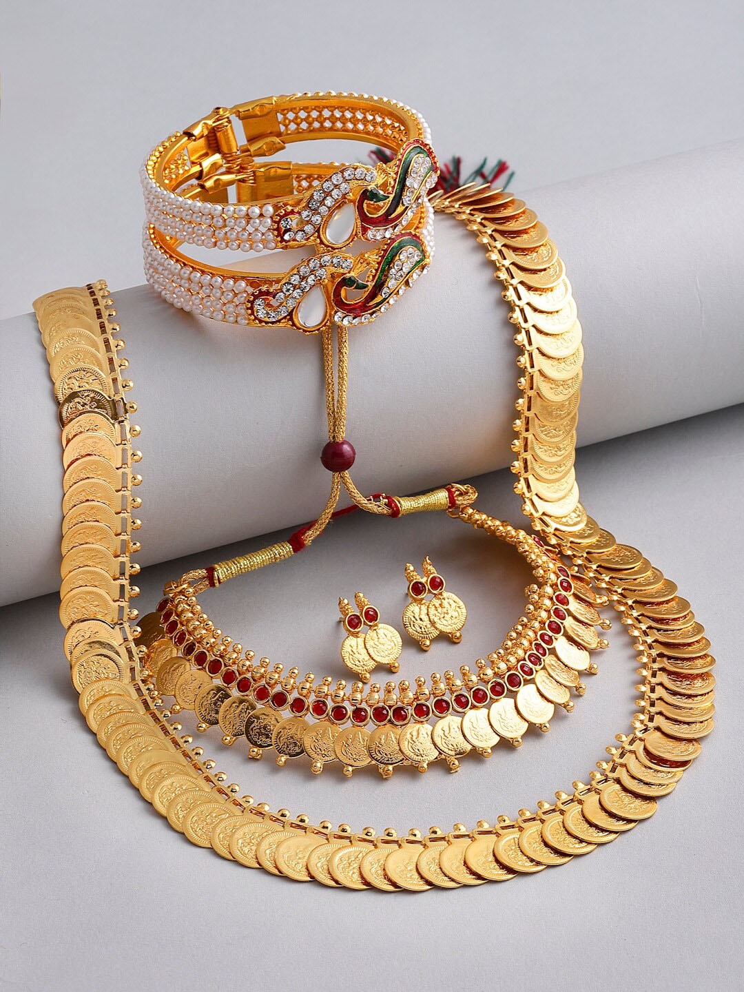 

ZENEME White Gold-Plated Stone-Studded Temple Jewelry Set