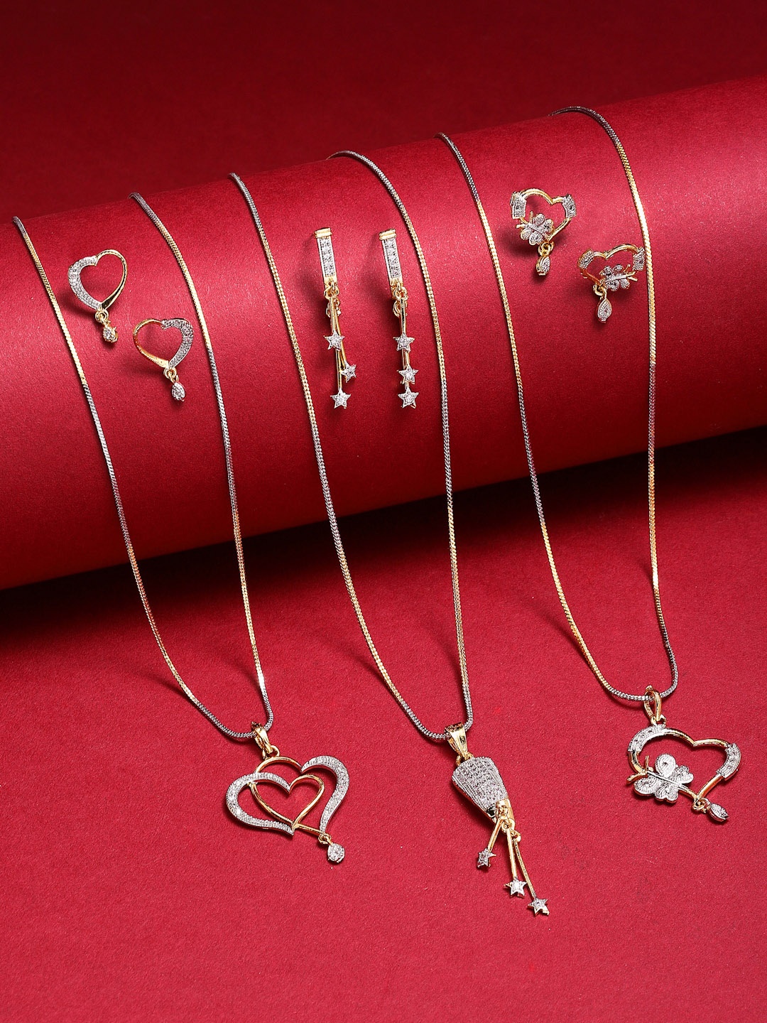

ZENEME Pack Of 3 Gold-Plated Silver-Toned CZ Studded Pendant With Chain & Earring