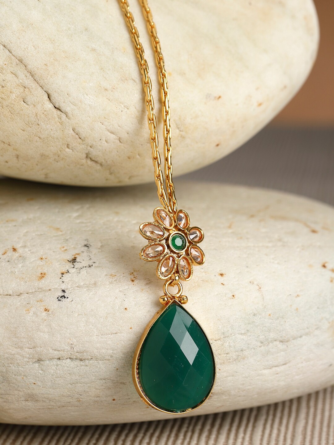 

ZENEME Gold-Plated Green & Off-White CZ-Studded Pendant With Chain