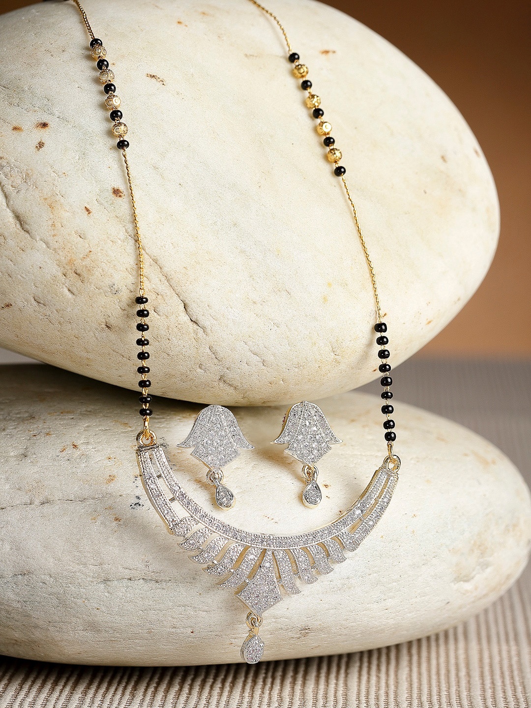 

ZENEME Gold-Plated White & Black Stone-Studded & Beaded Designer Mangalsutra Set