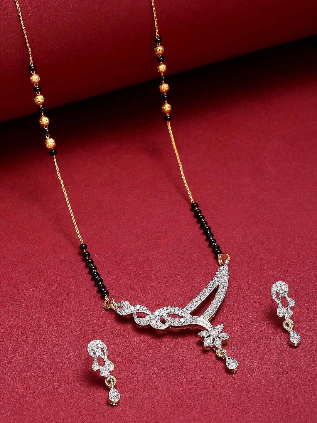 

ZENEME Gold-Toned White & Black Stone-Studded Gold-Plated & Beaded Mangalsutra Set