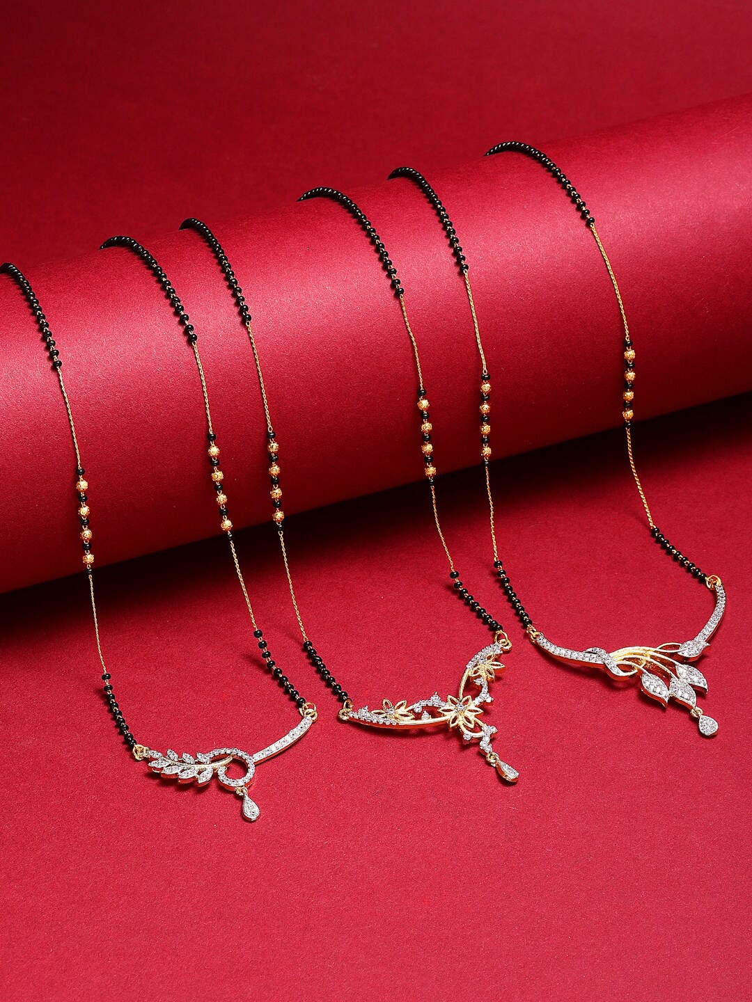 

ZENEME Set Of 3 Gold-Plated White & Black Stone-Studded & Beaded Mangalsutra