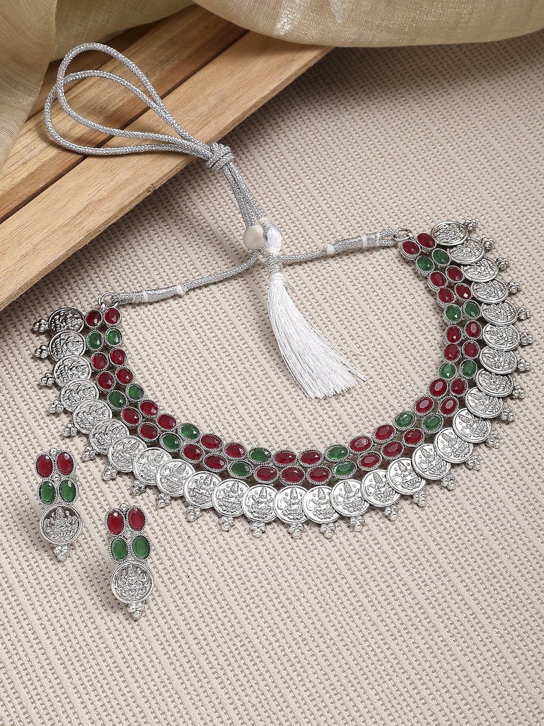 

ZENEME Silver-Plated Green & Maroon Kundan-Studded Temple Coin Jewellery Set
