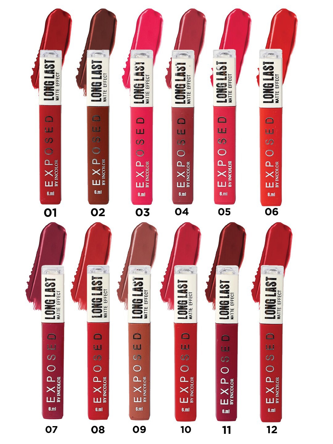 INCOLOR Pack of 12 Exposed Long Last Matte Effect Lip Gloss, Multi