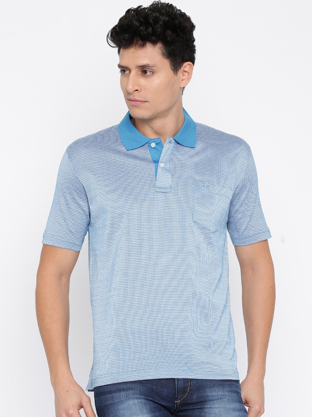 

ColorPlus Men Blue White Self-Design Polo Pure Cotton T-shirt