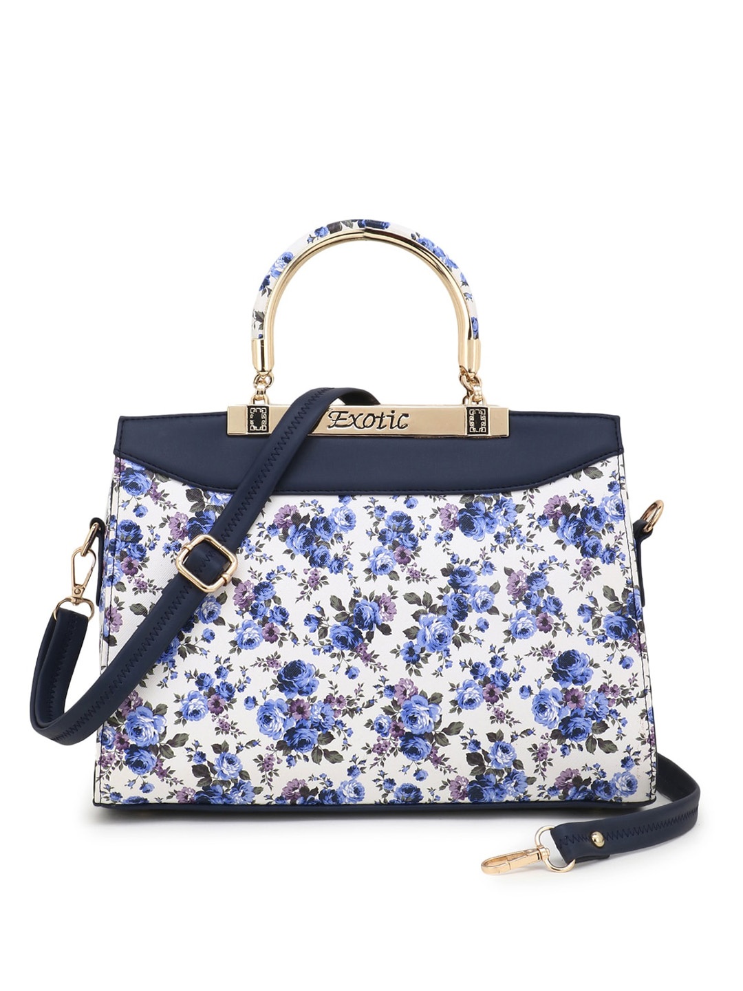

Exotic Blue Floral Printed PU Structured Handheld Bag