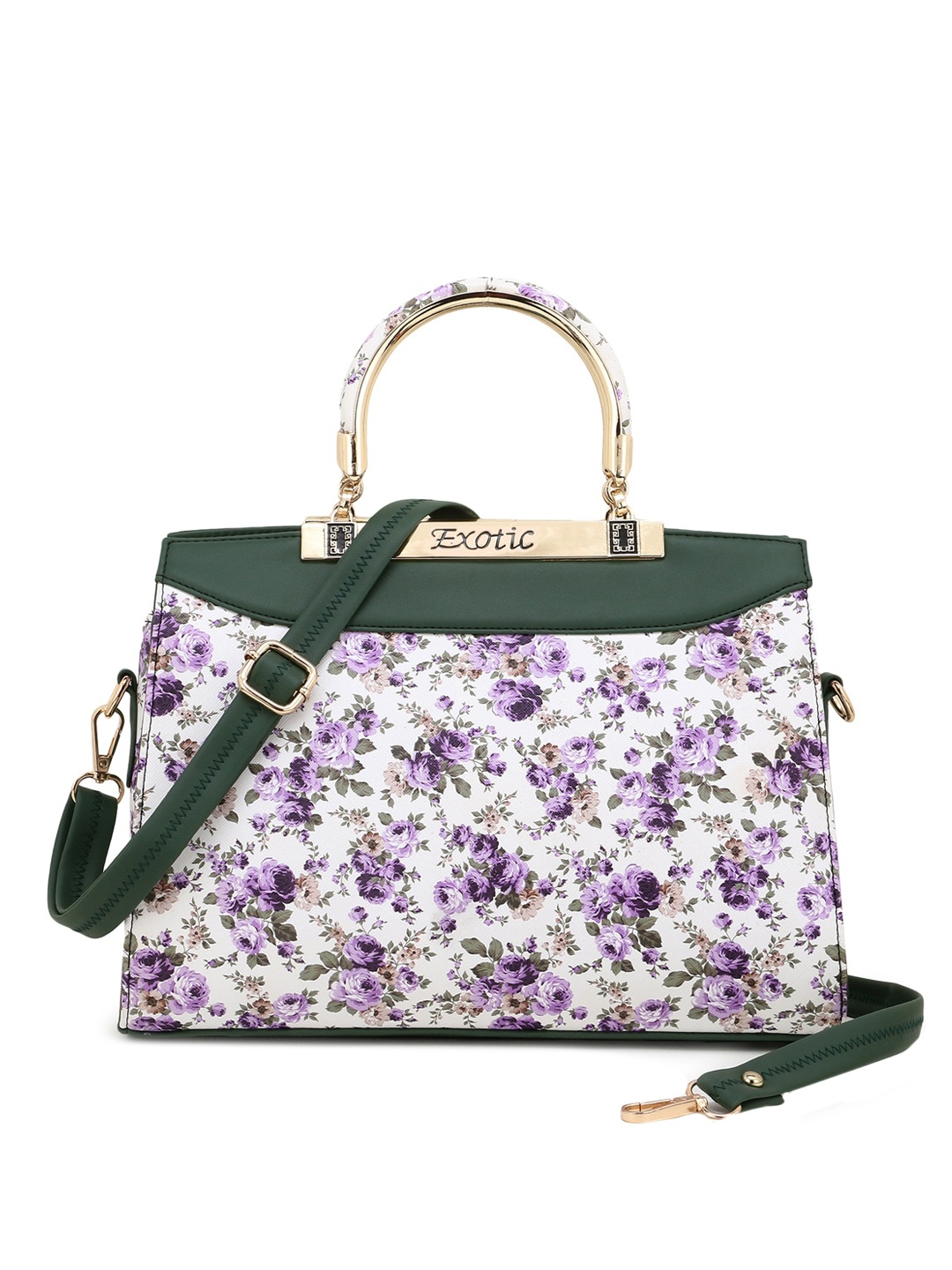 

Exotic Green & Purple Floral Printed Structured Handheld Bag