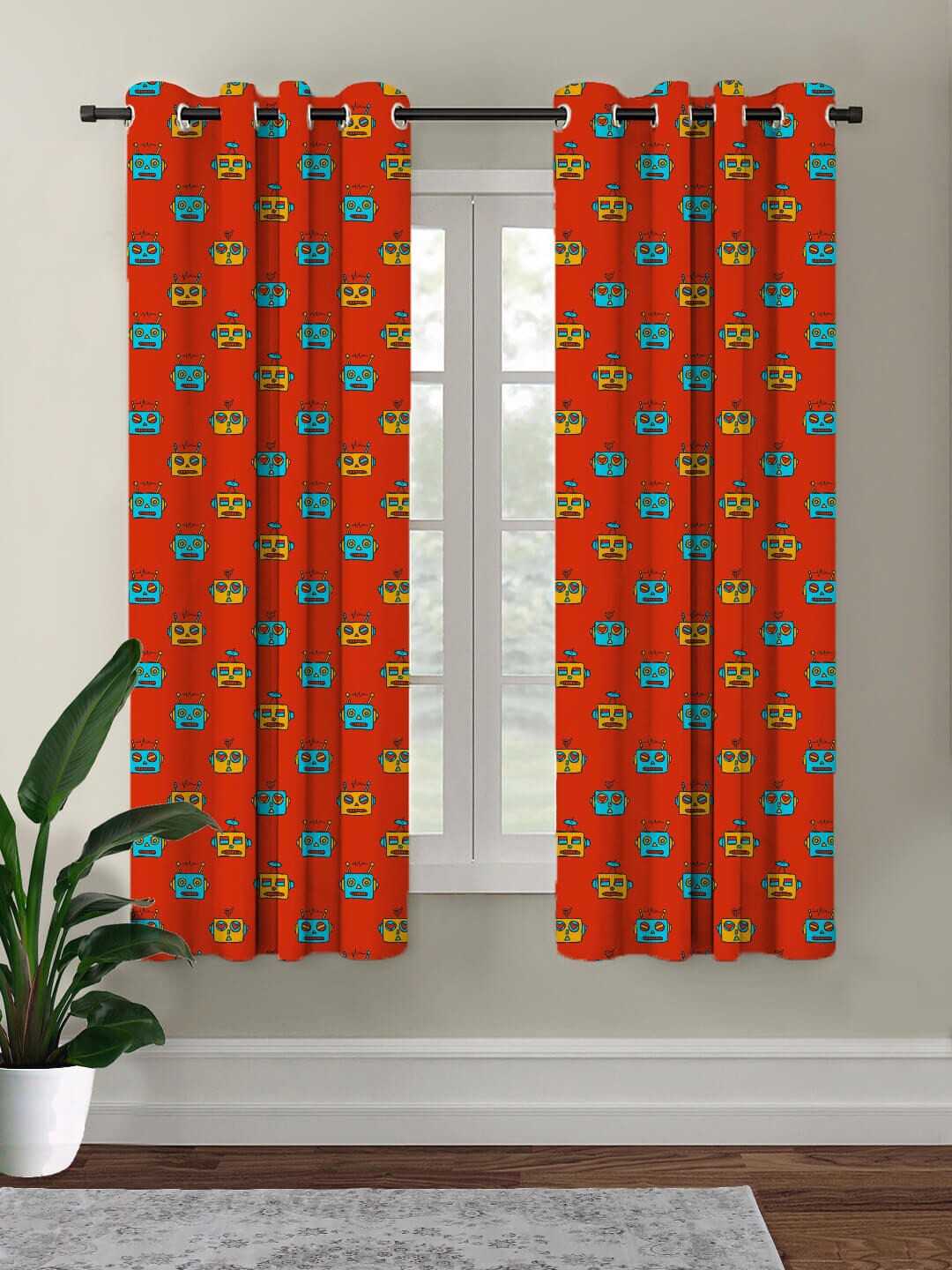 

HOUZZCODE Red & Yellow Printed Black Out Window Curtain