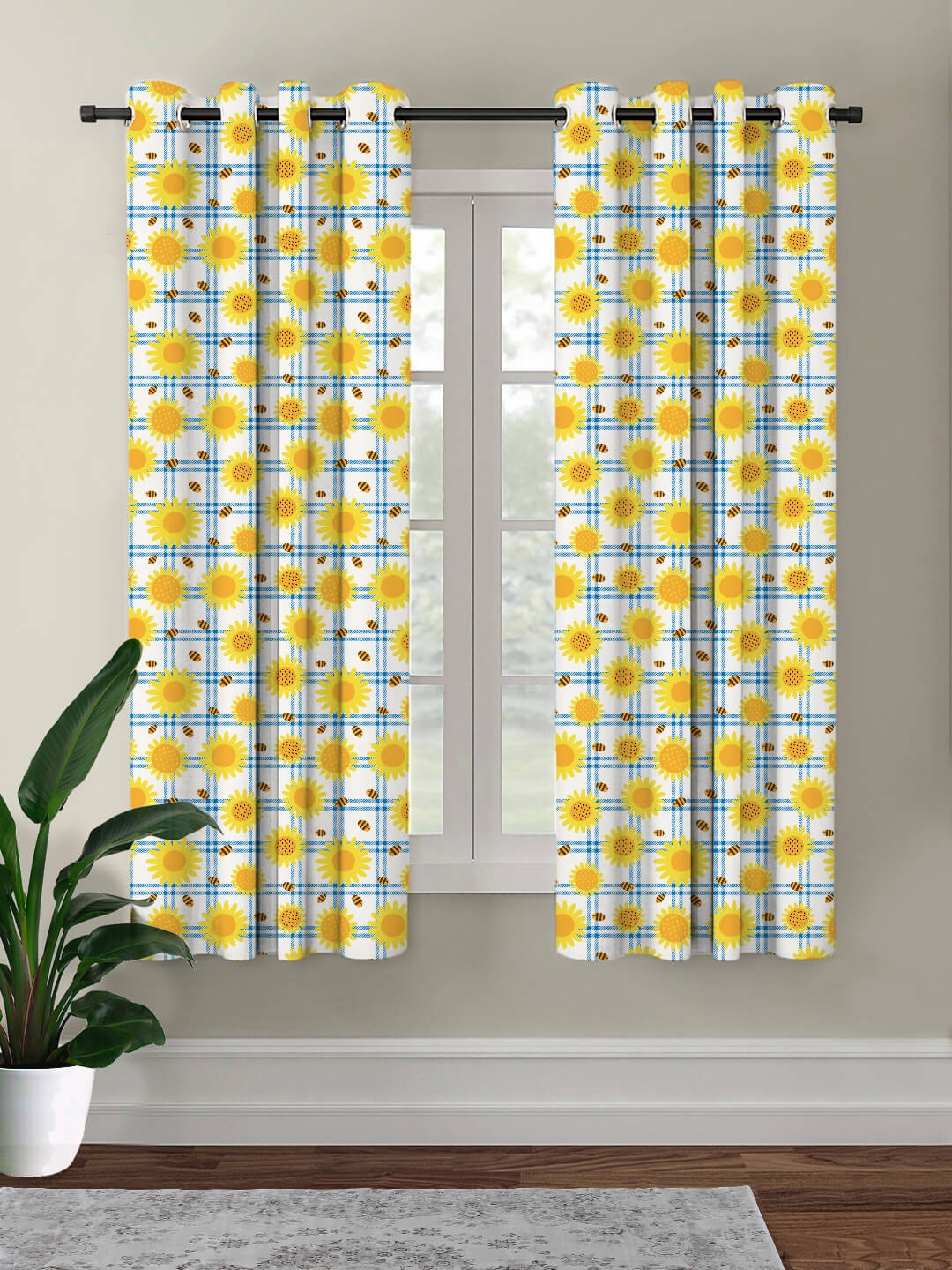 

HOUZZCODE White & Yellow Floral Printed Blackout Window Curtain