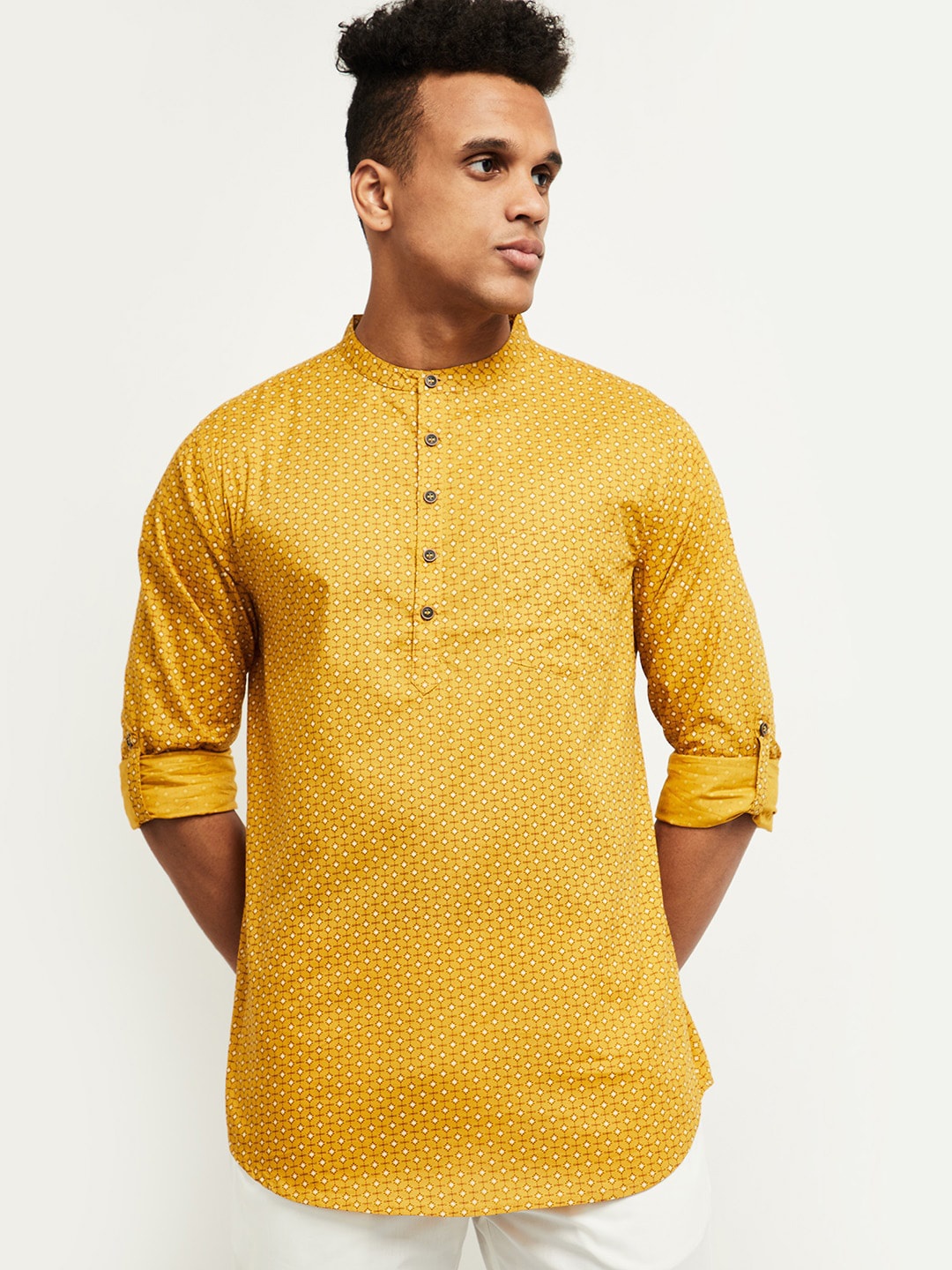

max Men Yellow Geometric Printed Pure Cotton Kurta