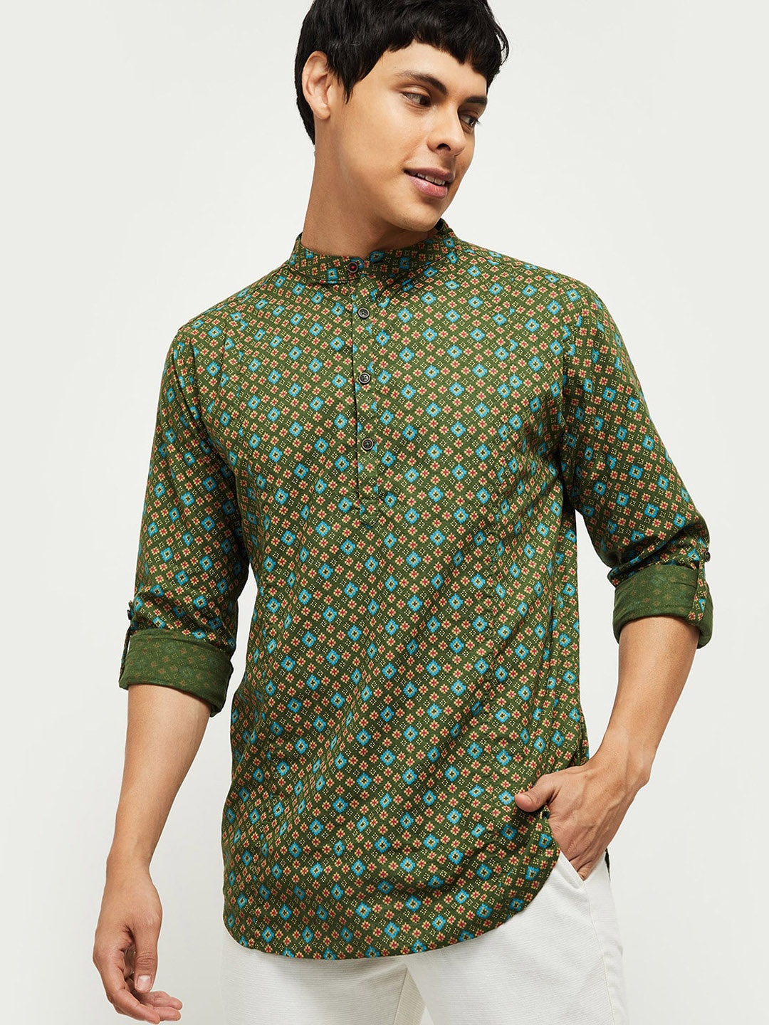 

max Men Navy Blue Printed Pathani Kurta