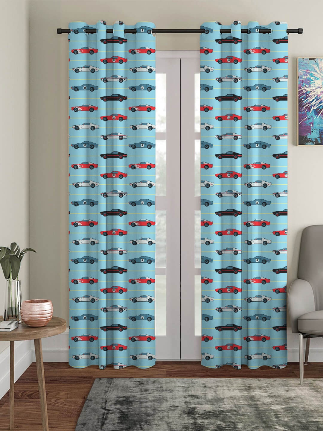 

HOUZZCODE Kids Blue & Red Cars Printed Black Out Door Curtain