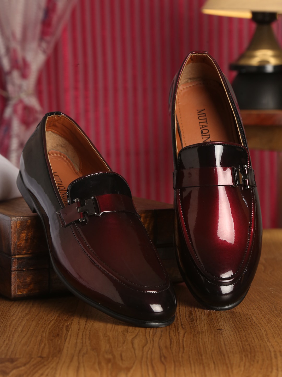 

MUTAQINOTI Men Burgundy Patent Leather Loafers