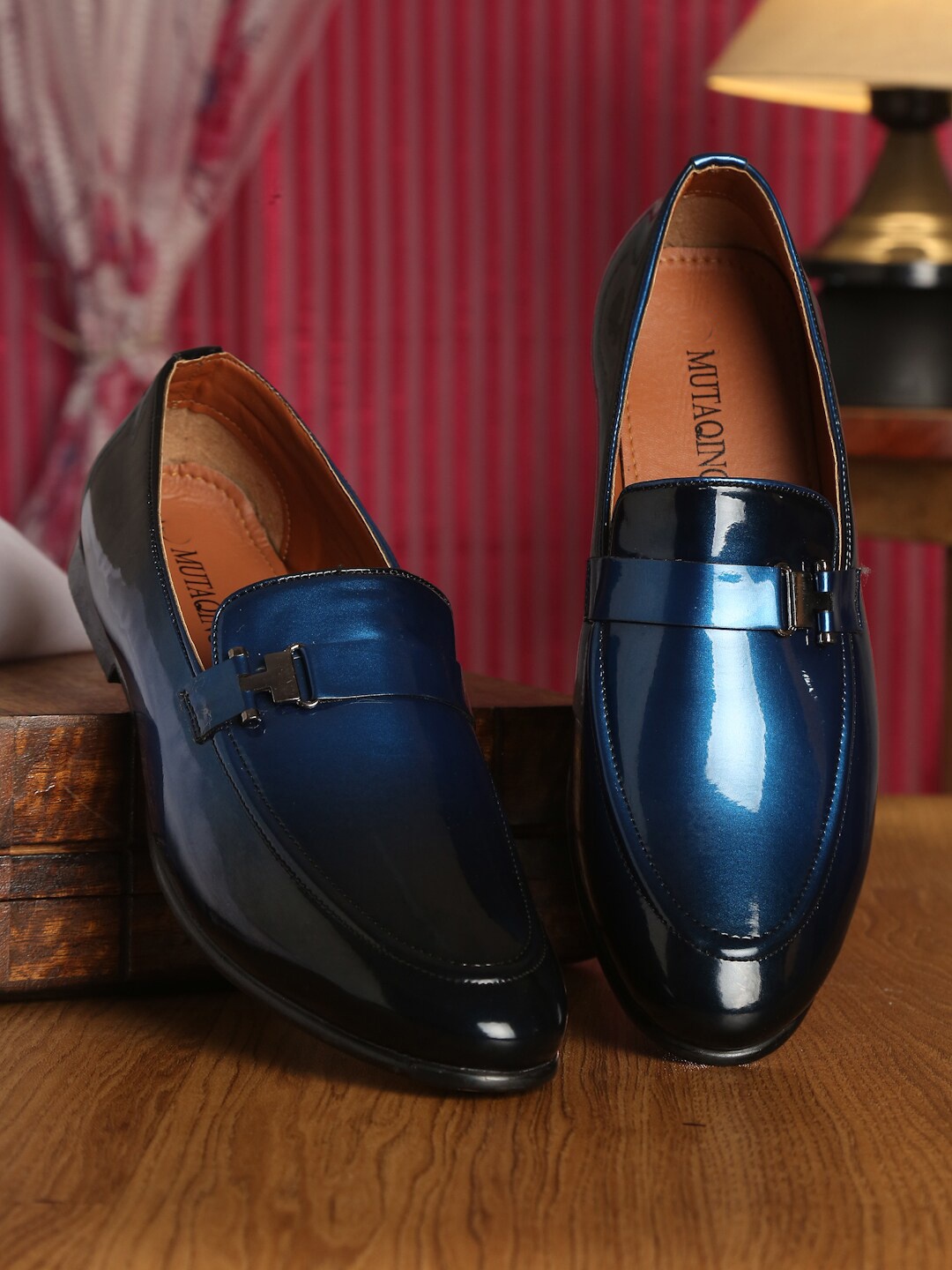 

MUTAQINOTI Men Blue Patent Leather Slip-On Loafers