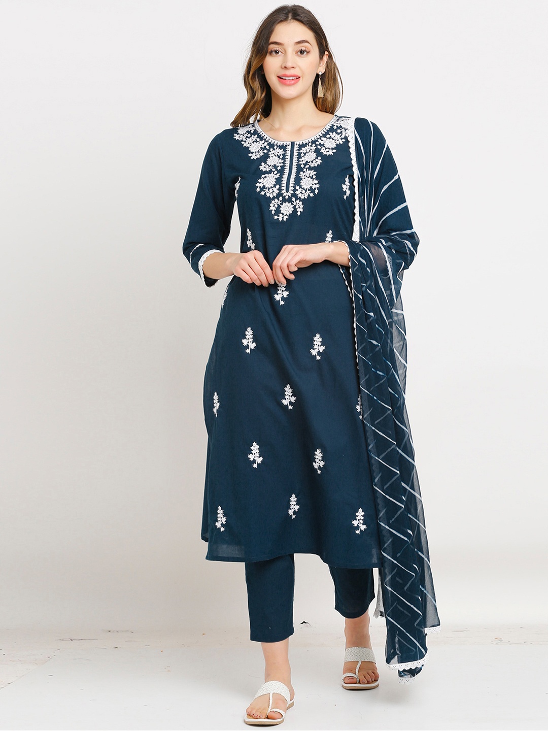 

Rajnandini Women Navy Blue & White Embroidered Pure Cotton Kurta with Trousers & Dupatta