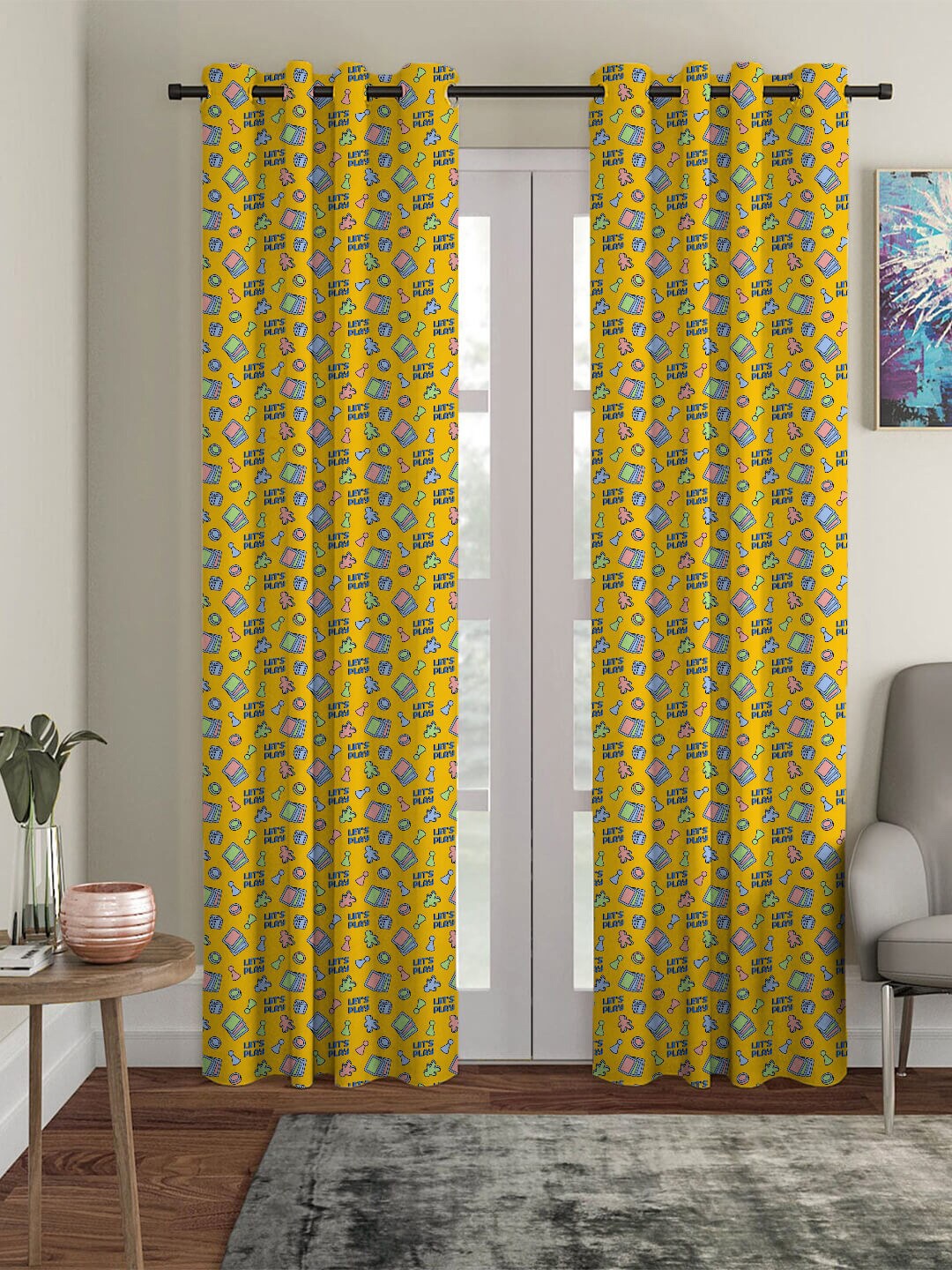 

HOUZZCODE Mustard & Blue Printed Black Out Door Curtain