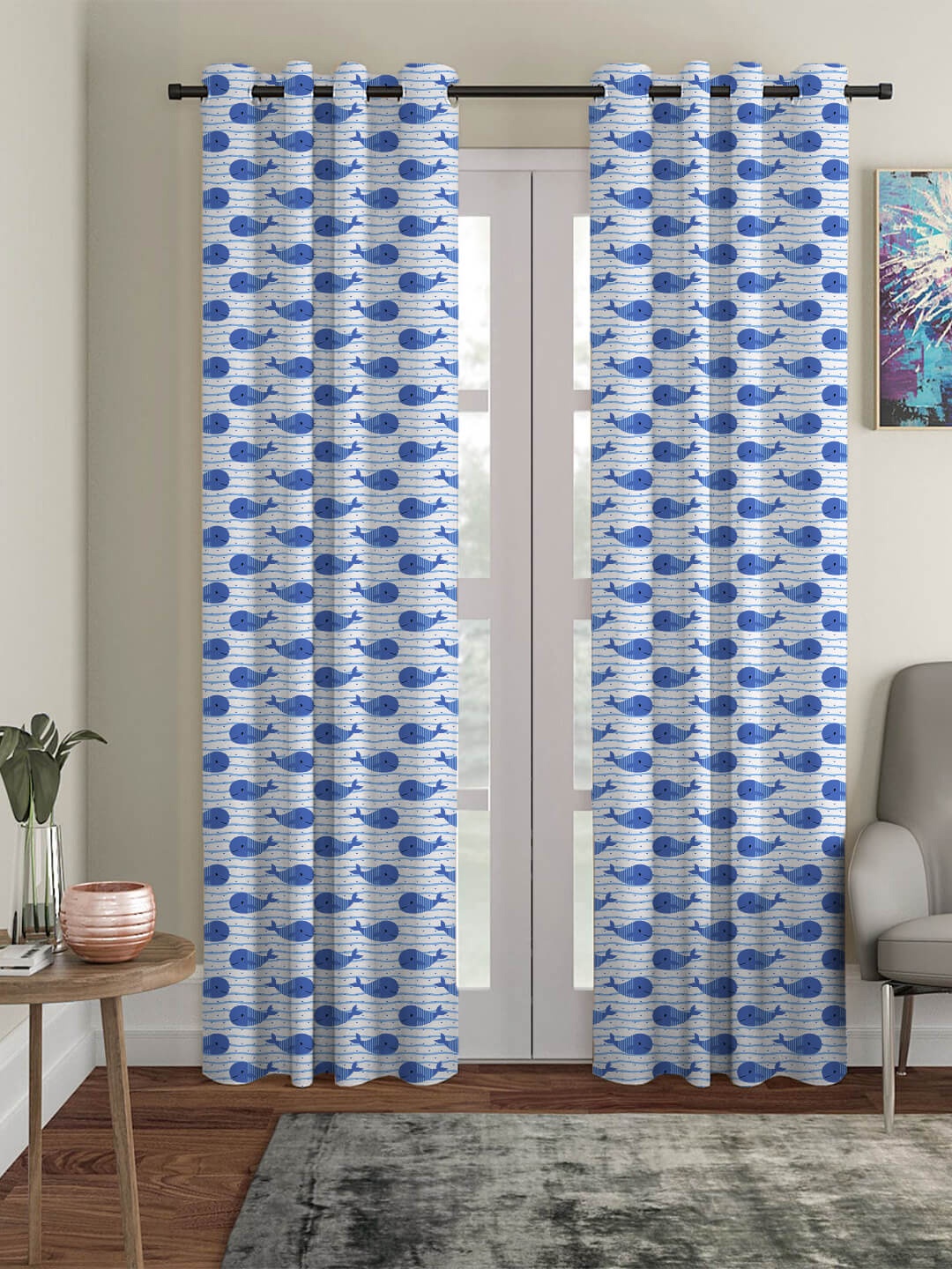 

HOUZZCODE White & Blue Black Out Long Door Curtain