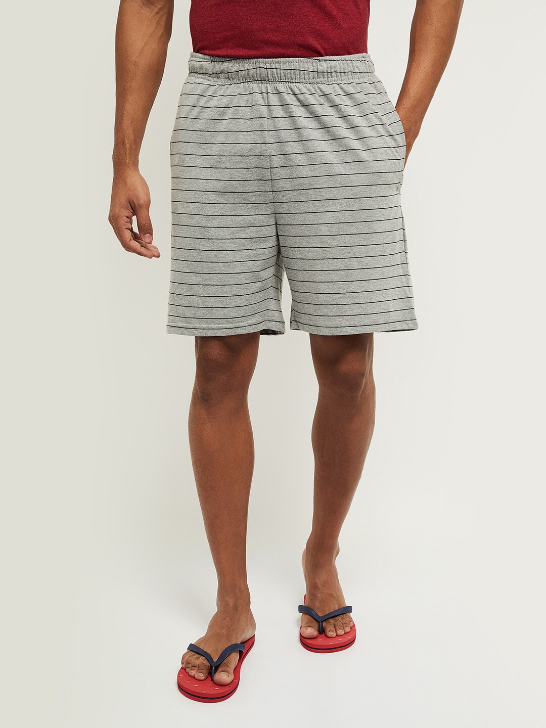 

max Men Grey Melange Striped Lounge Shorts