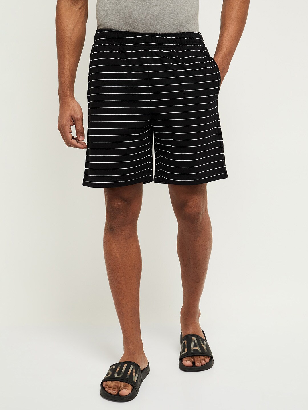 

max Men Black & White Striped Lounge Shorts