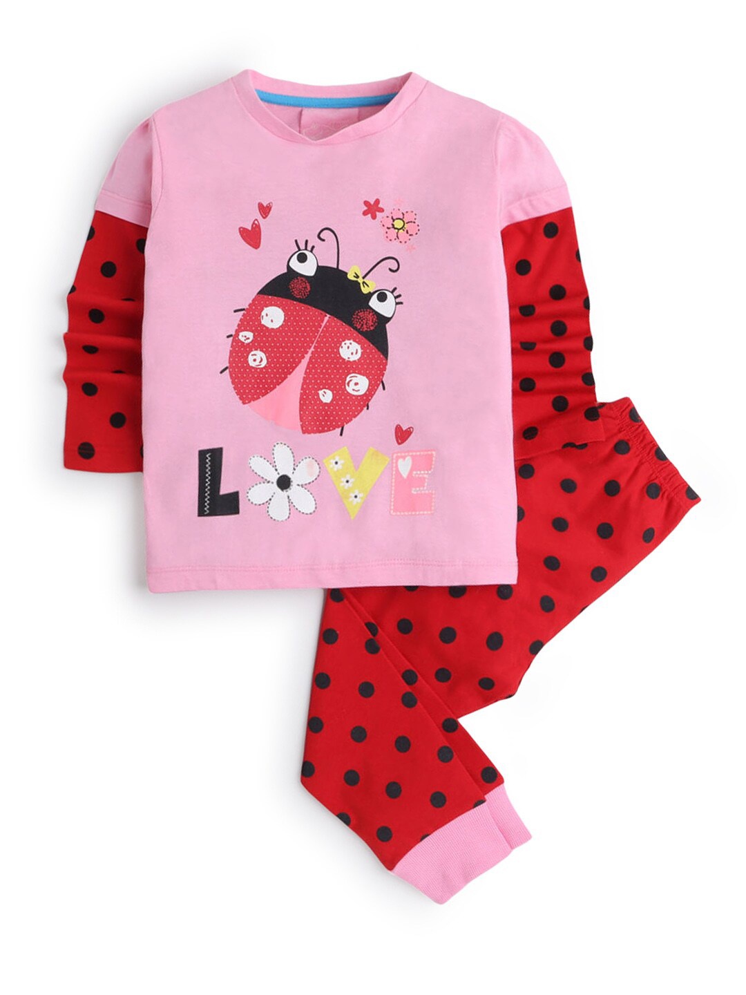 

Hopscotch Girls Cotton Pink & Red Polka Dots Printed Night suit