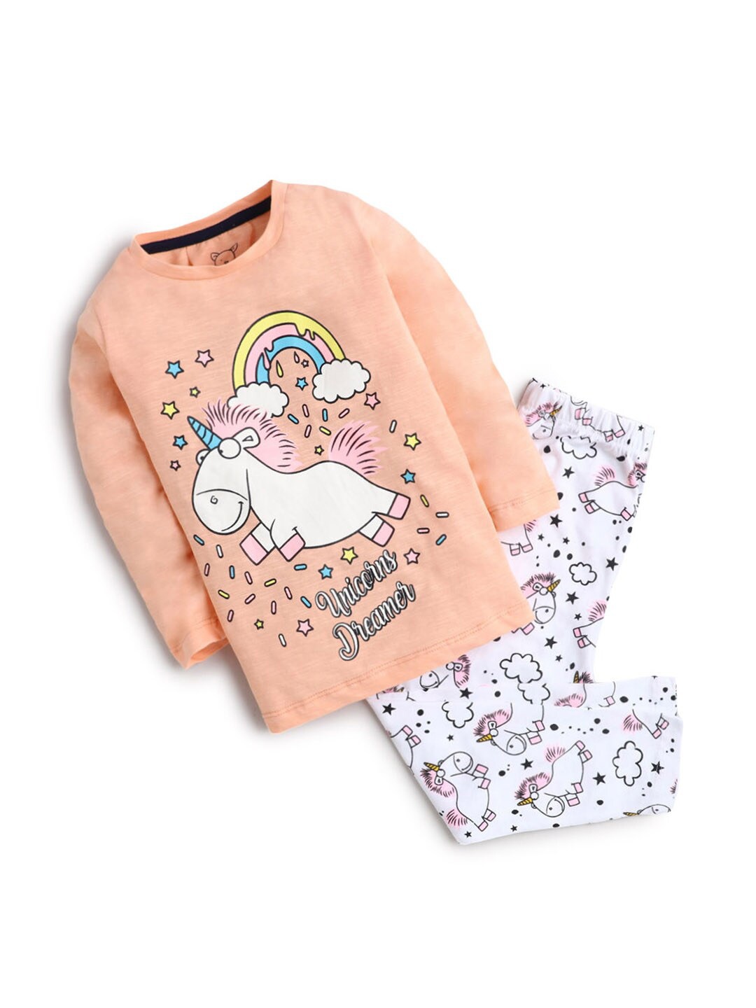 

Hopscotch Girls Orange Full Sleeves Unicorn Printed Night Suit