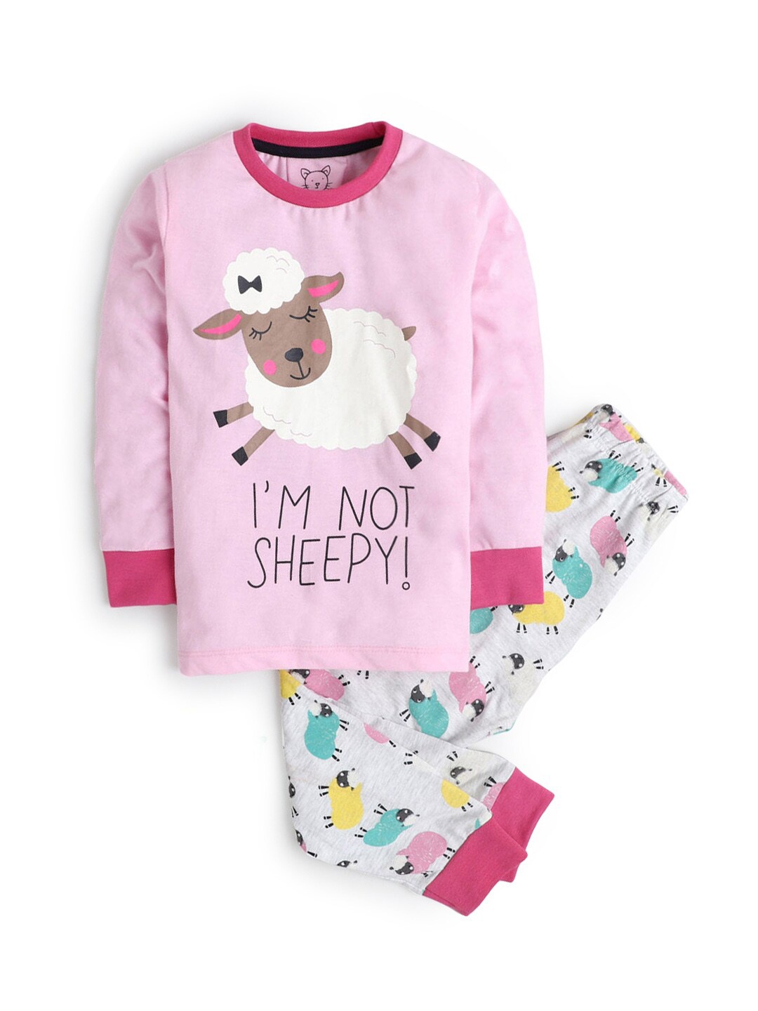 

Hopscotch Girls Pink & White Printed Long Sleeves Night suit