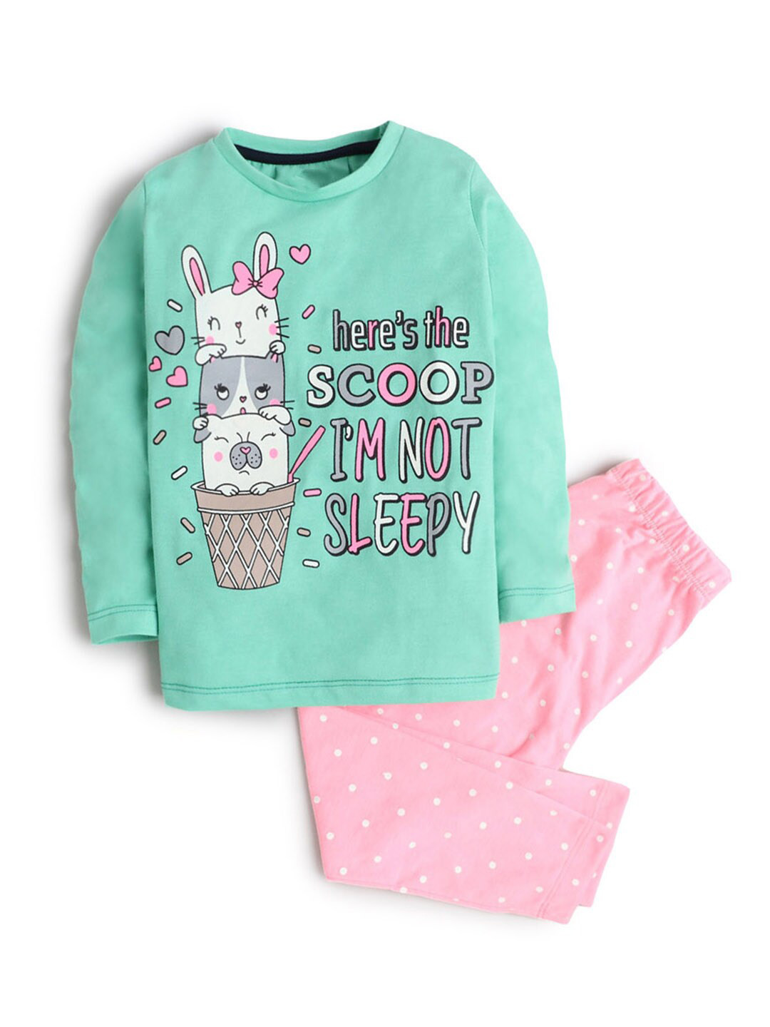 

Hopscotch Girls Green & Pink Printed Night suit