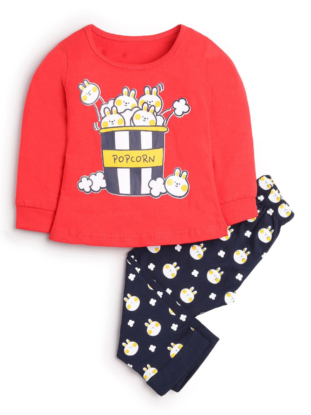 

Hopscotch Girls Red & Blue All Over Printed Full Length Sleepwear Night suit