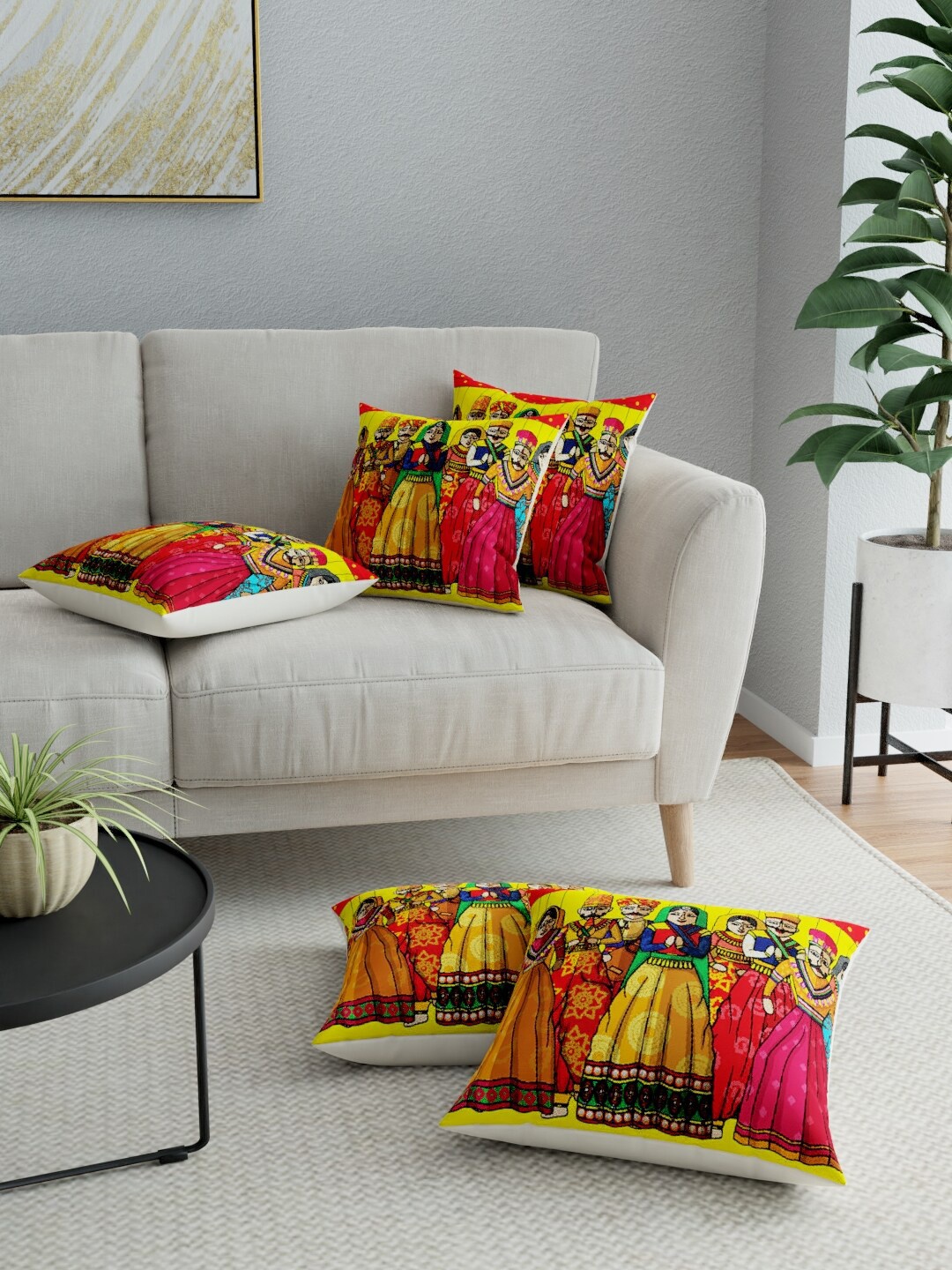 

LA VERNE Red & Mustard Set of 5 Ethnic Motifs Square Cushion Covers