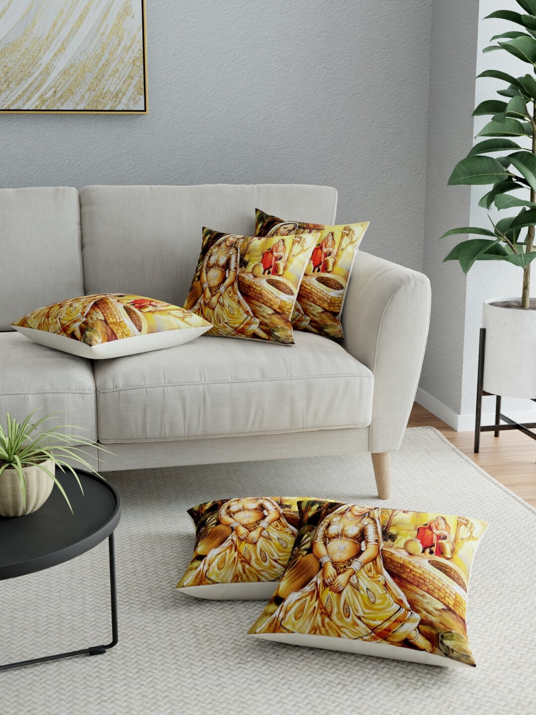 

LA VERNE Yellow & Red Set of 5 Ethnic Motifs Square Cushion Covers