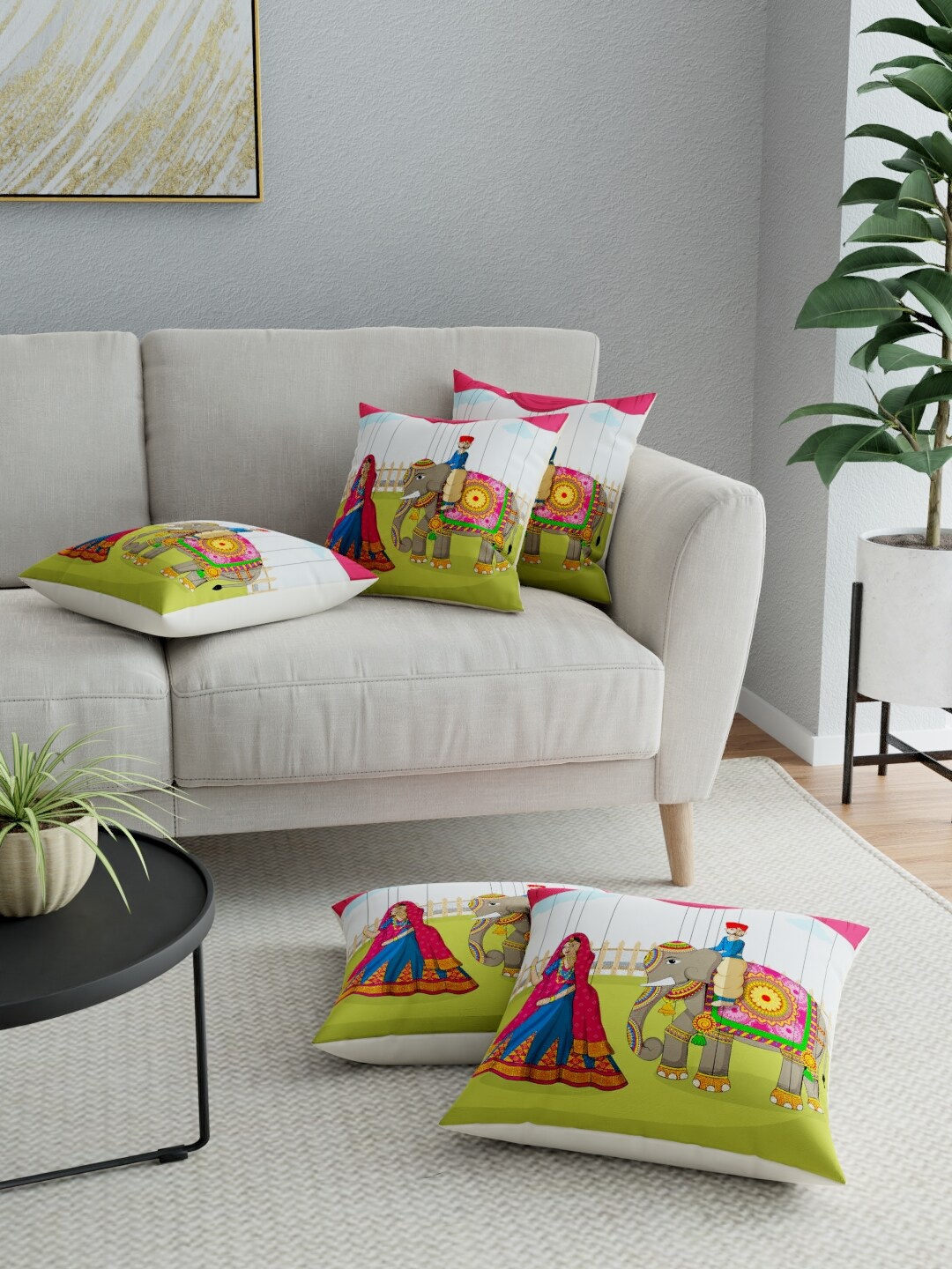 

LA VERNE White & Pink Set of 5 Ethnic Motifs Square Cushion Covers