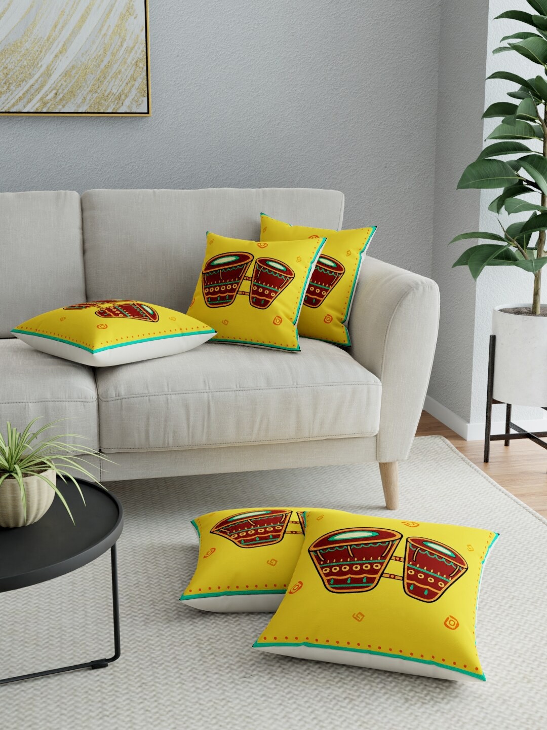 

LA VERNE Yellow & Brown Set of 5 Ethnic Motifs Square Cushion Covers